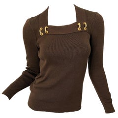 1970s Petite Marmite Chocolate Brown + Gold Rings Long Sleeve Knit Sweater Top