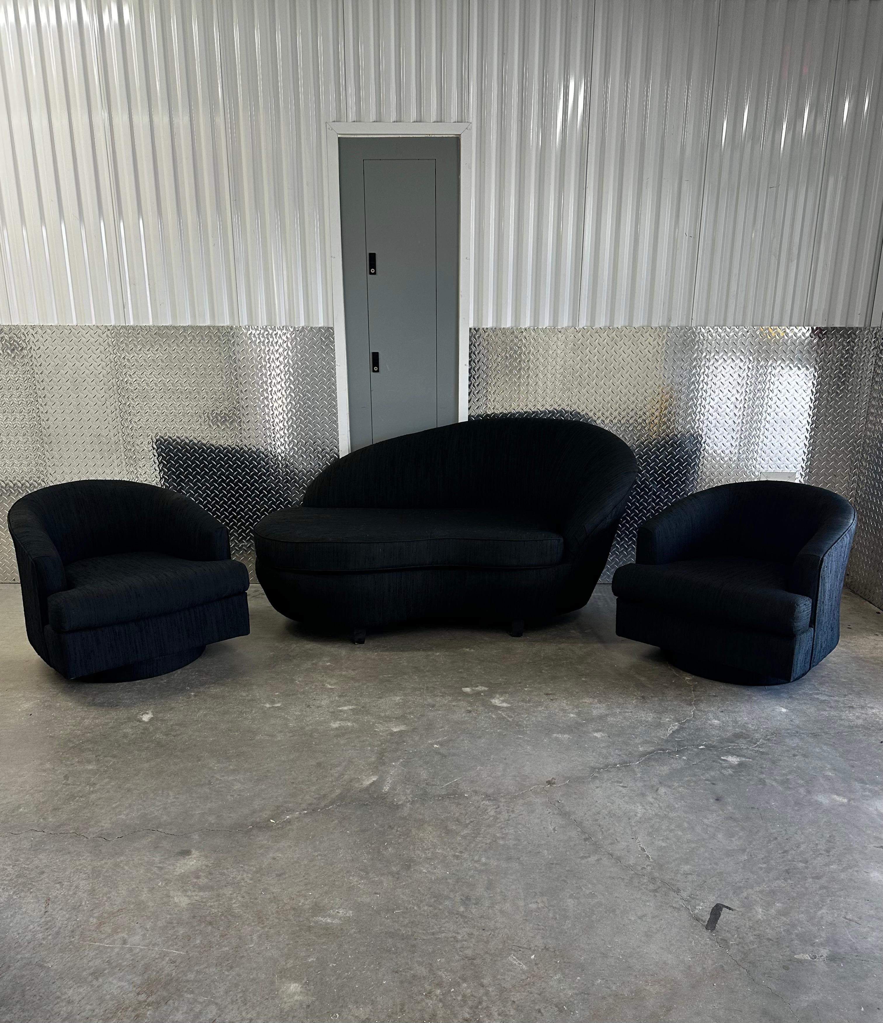 1970s Petite Milo Baughman Black Plinth Base Swivel Chairs, Set of 2 For Sale 3