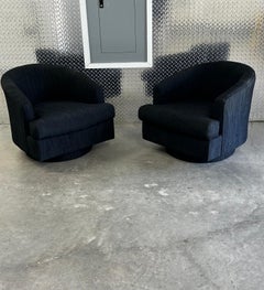 1970s Petite Milo Baughman Black Plinth Base Swivel Chairs, Set of 2