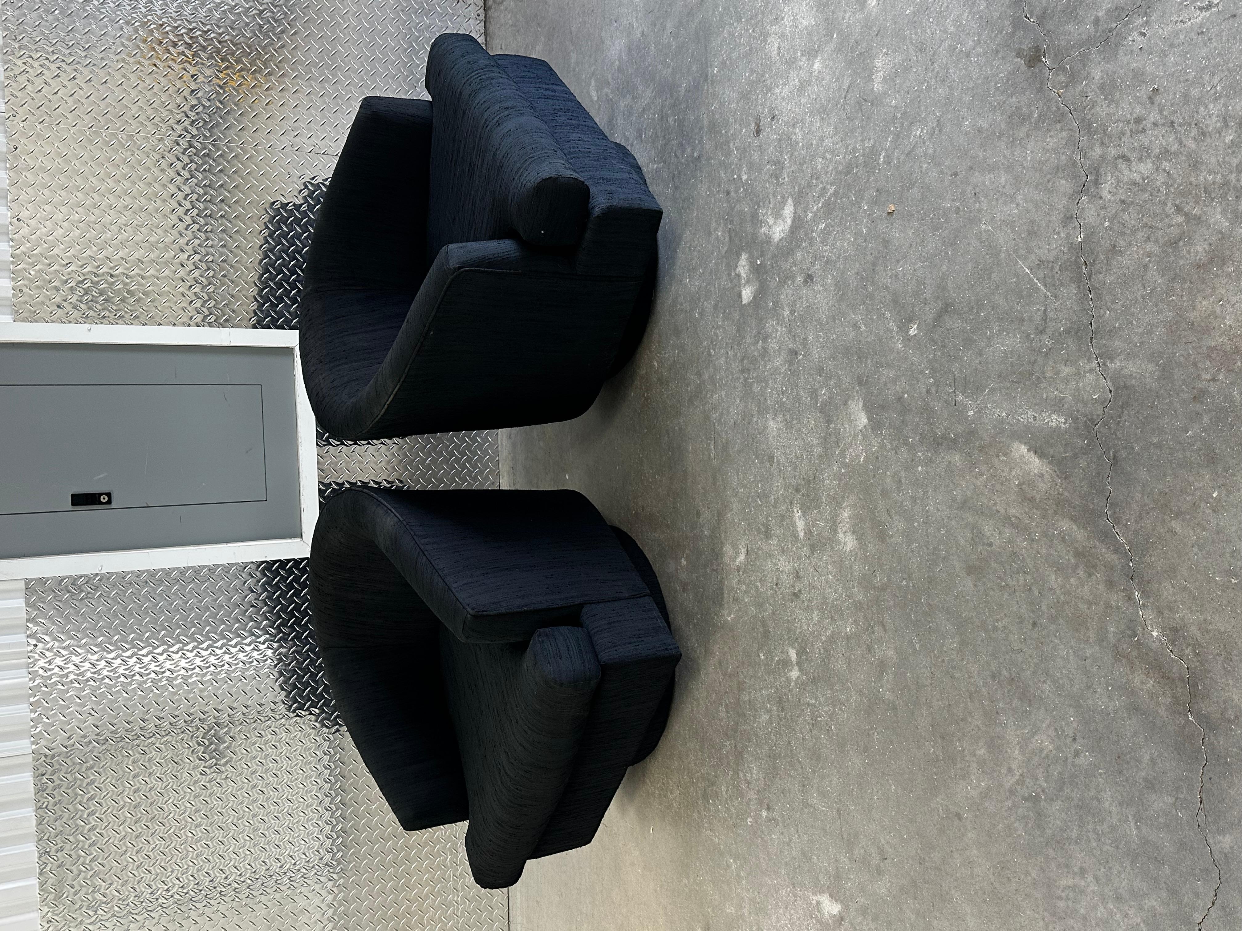 Upholstery 1970s Petite Milo Baughman Black Plinth Base Swivel Chairs, Set of 2 For Sale