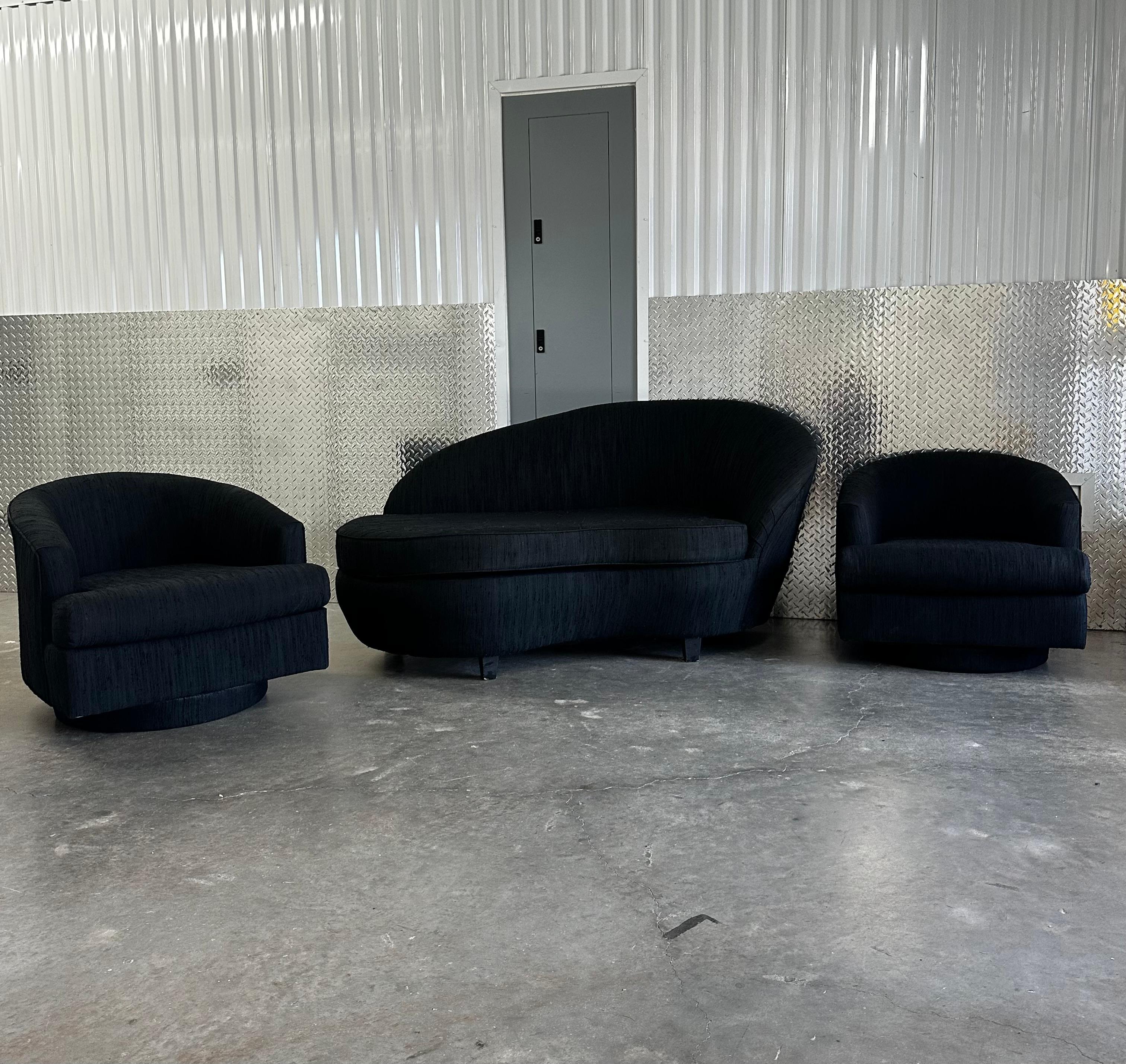 1970s Petite Milo Baughman Black Plinth Base Swivel Chairs, Set of 2 For Sale 2