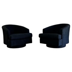1970s Petite Milo Baughman Black Plinth Base Swivel Chairs, Set of 2