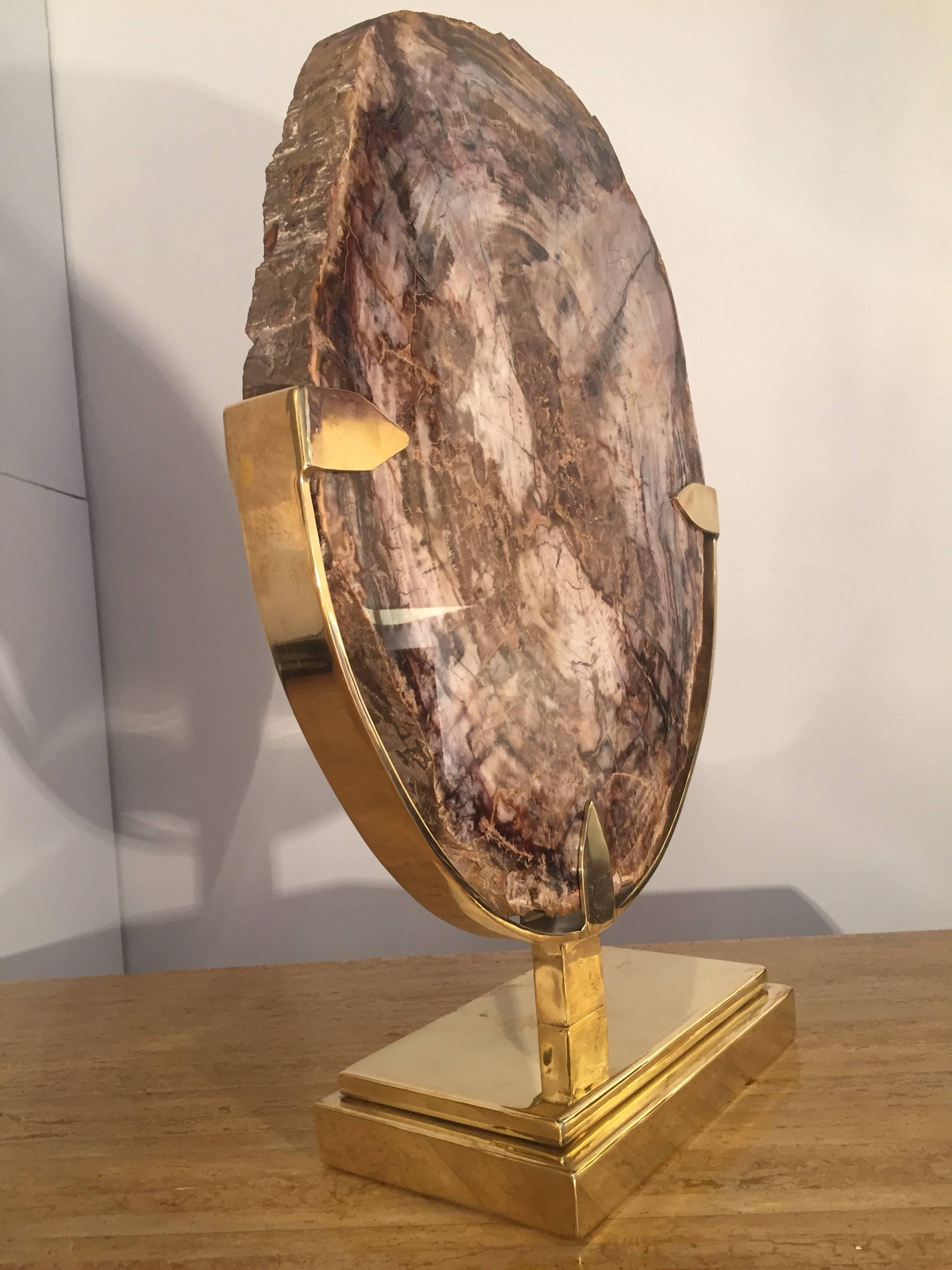 Mid-Century Modern 1970s Petrified Wood Mounted with Brass
