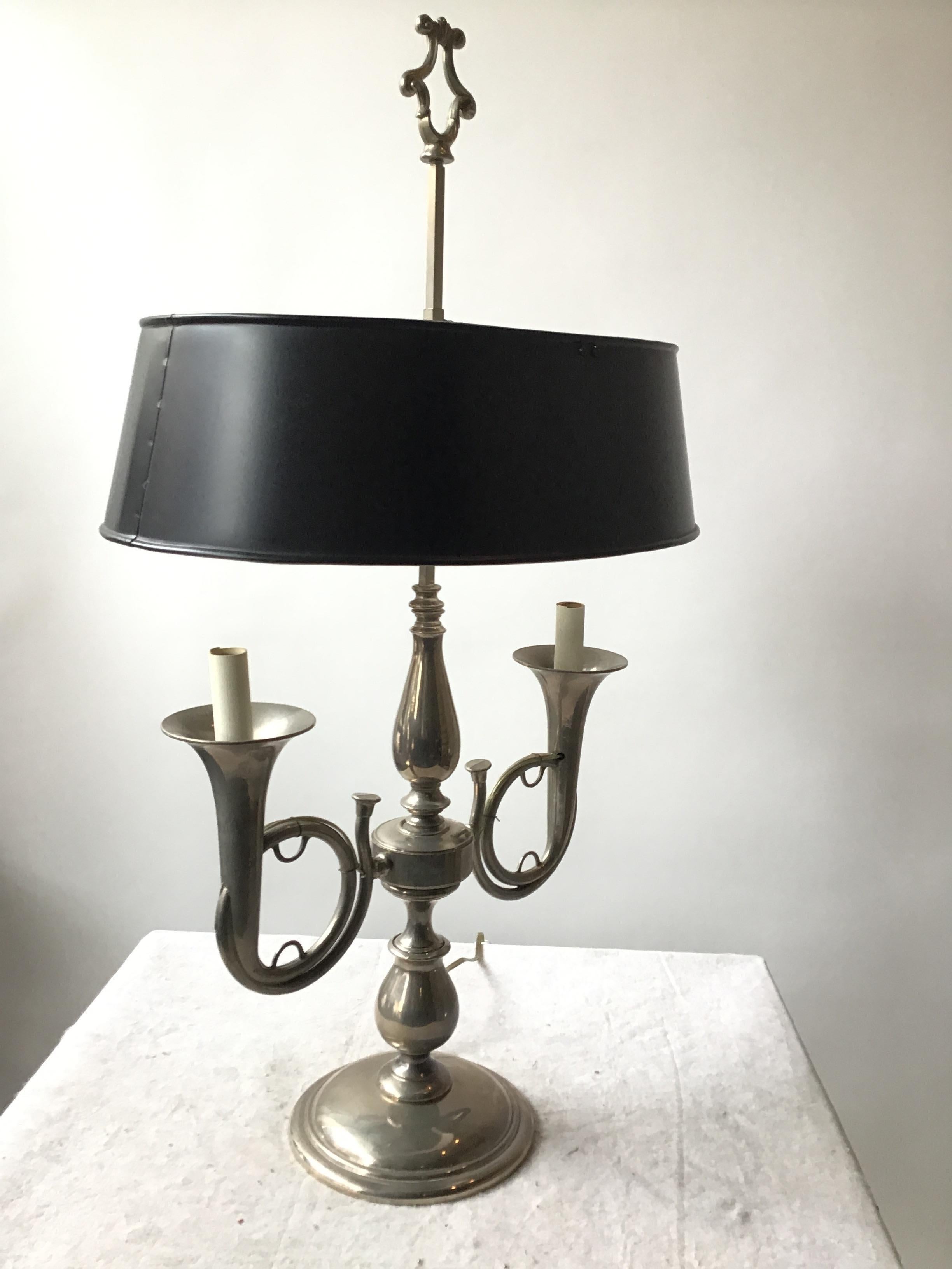1970s pewter trumpet lamp with adjustable tole shade.