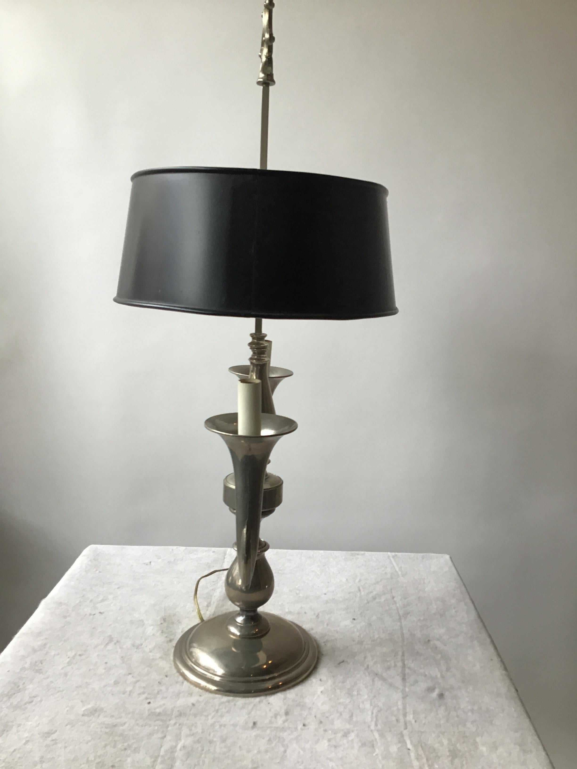 1970s Pewter Trumpet Lamp With Adjustable Tole Shade In Good Condition For Sale In Tarrytown, NY