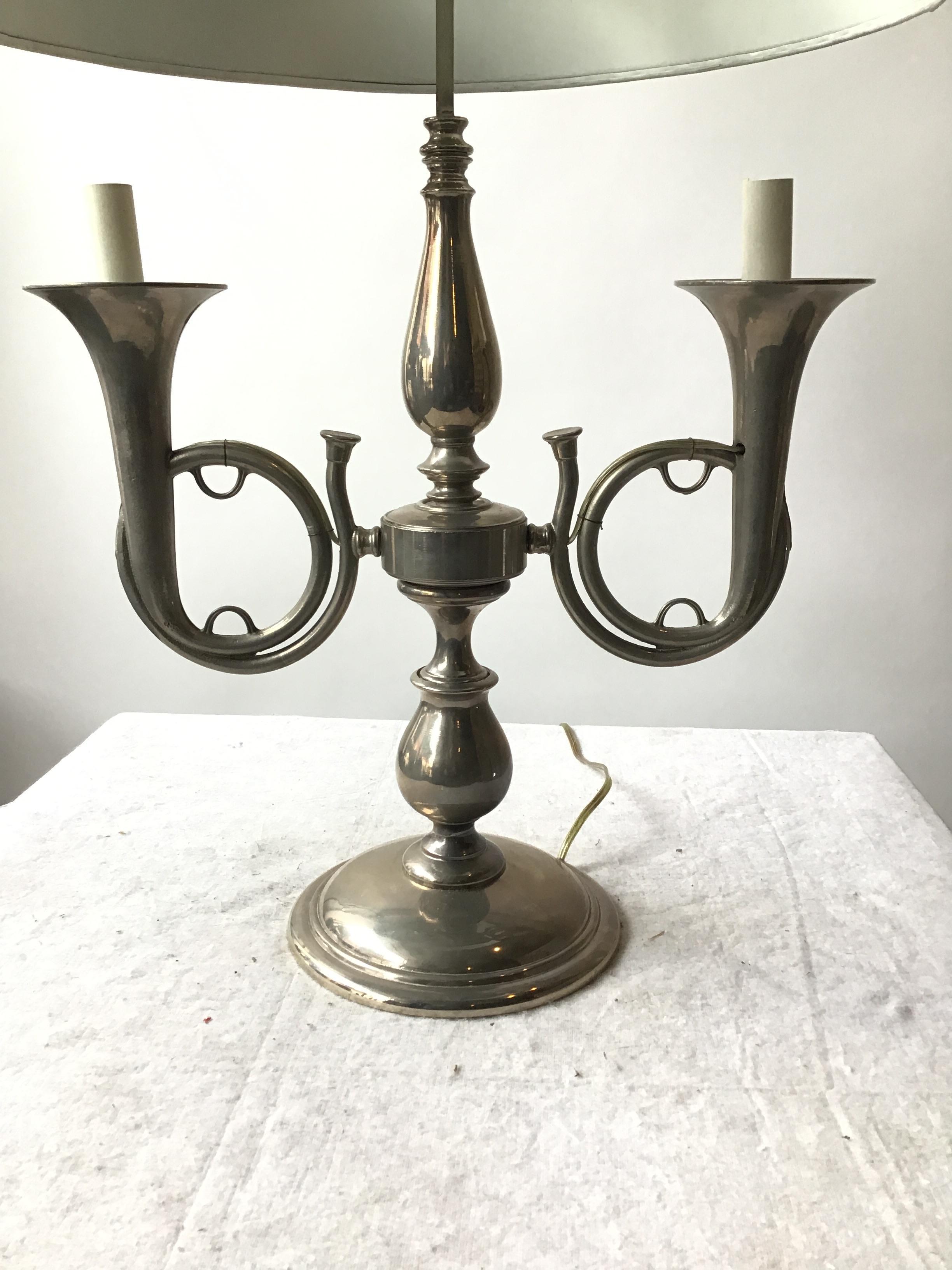 Late 20th Century 1970s Pewter Trumpet Lamp With Adjustable Tole Shade For Sale