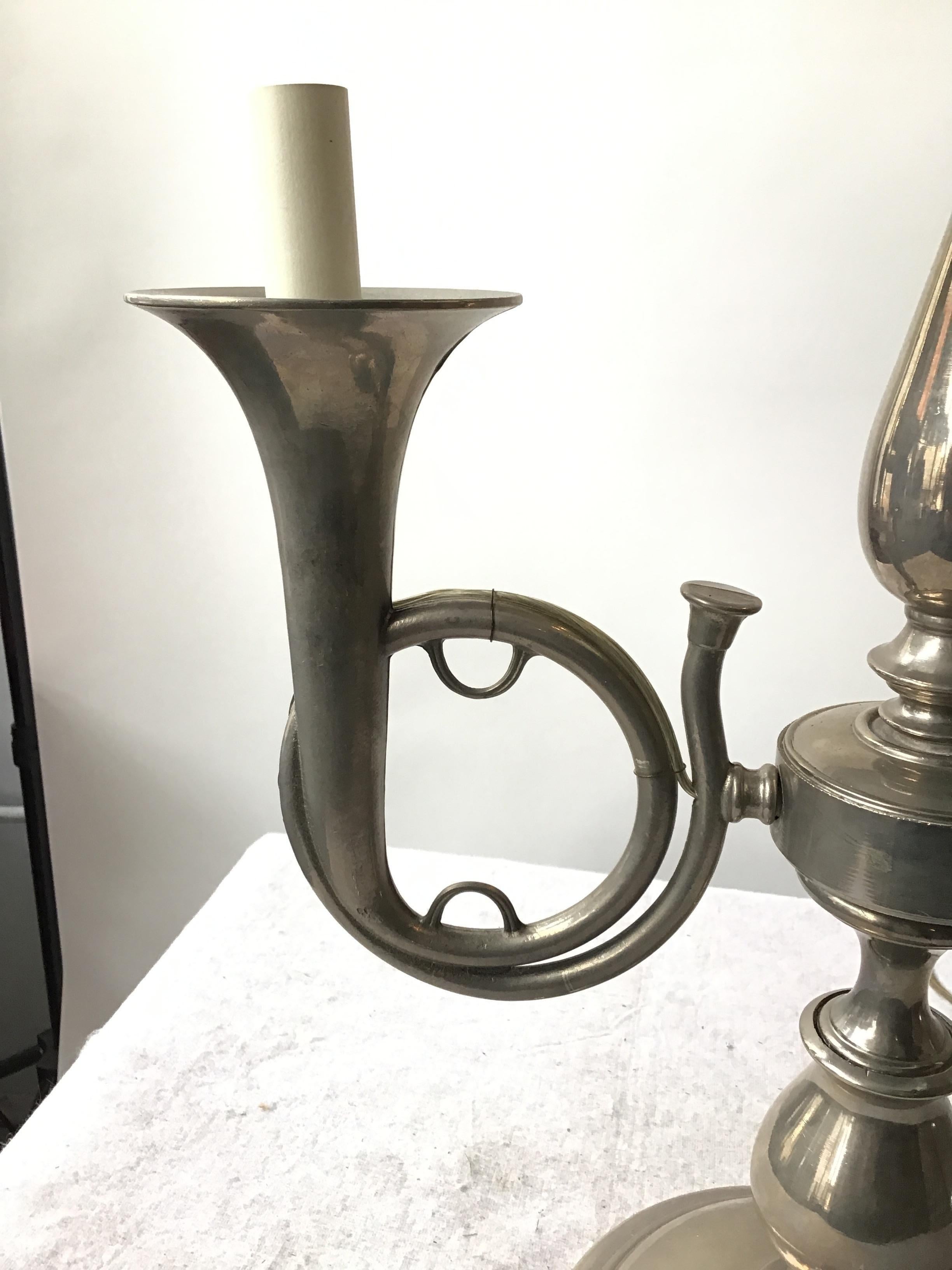 1970s Pewter Trumpet Lamp With Adjustable Tole Shade For Sale 1