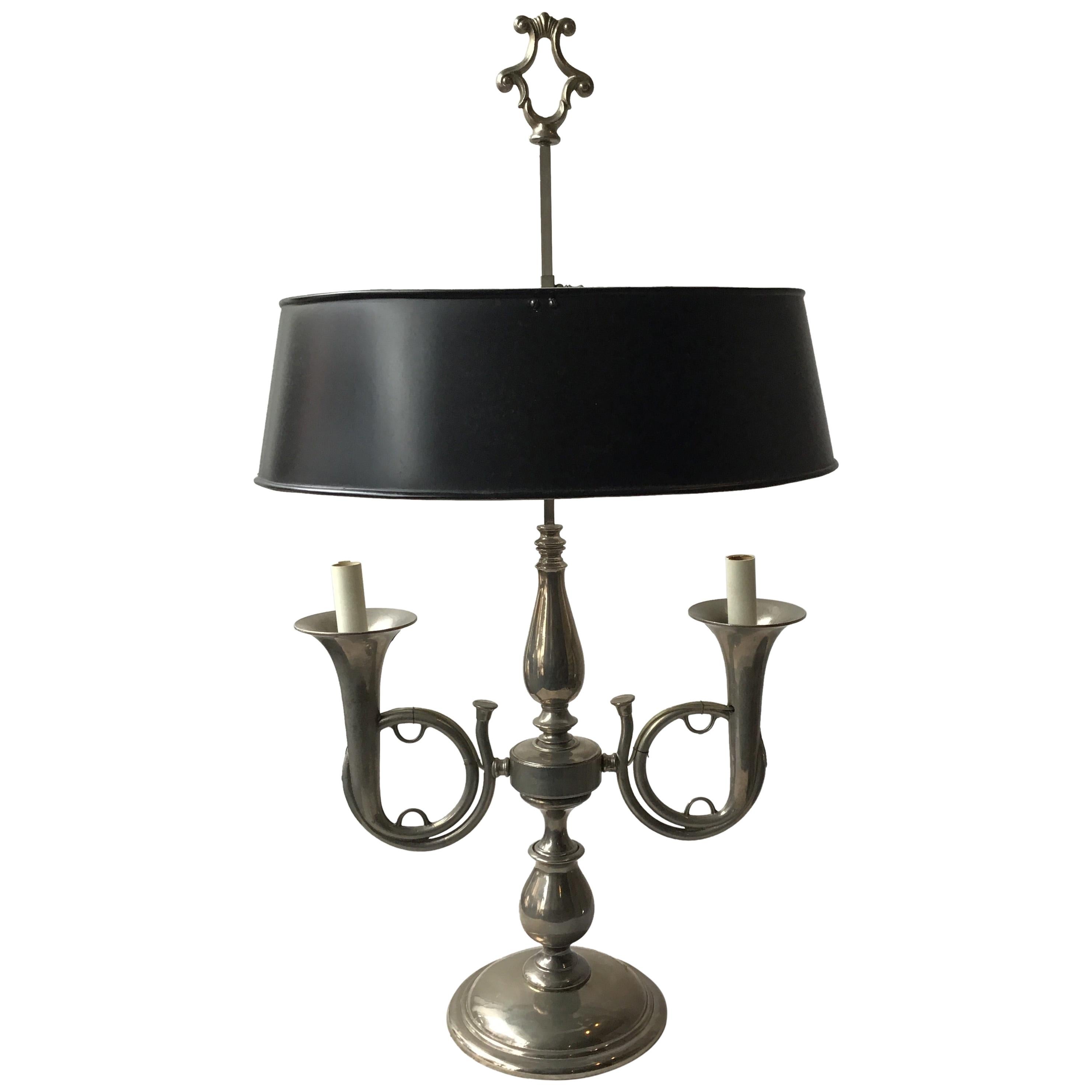 1970s Pewter Trumpet Lamp With Adjustable Tole Shade For Sale