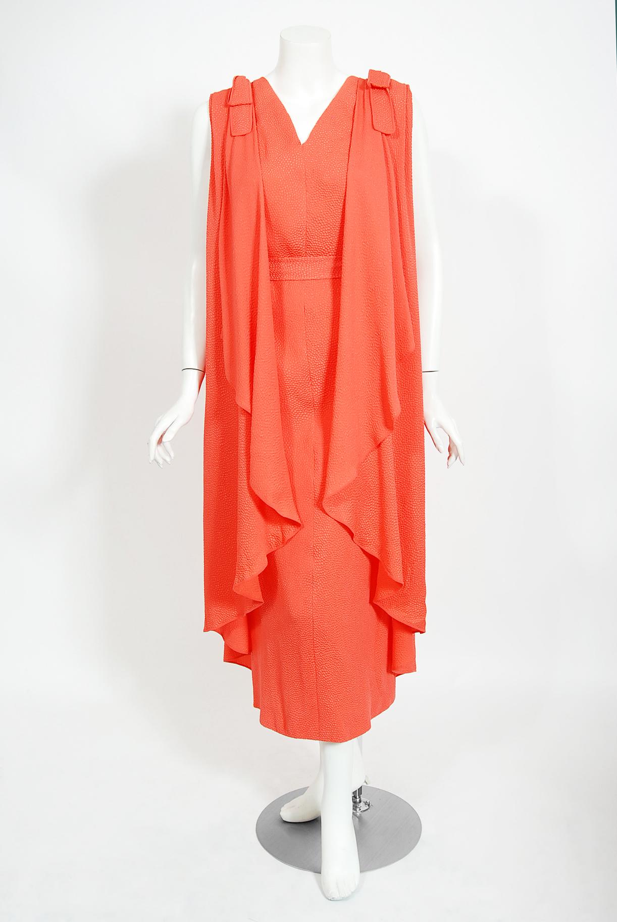 Vintage 1970's Philippe Venet Couture Orange Textured Silk Draped Caftan Dress In Good Condition In Beverly Hills, CA