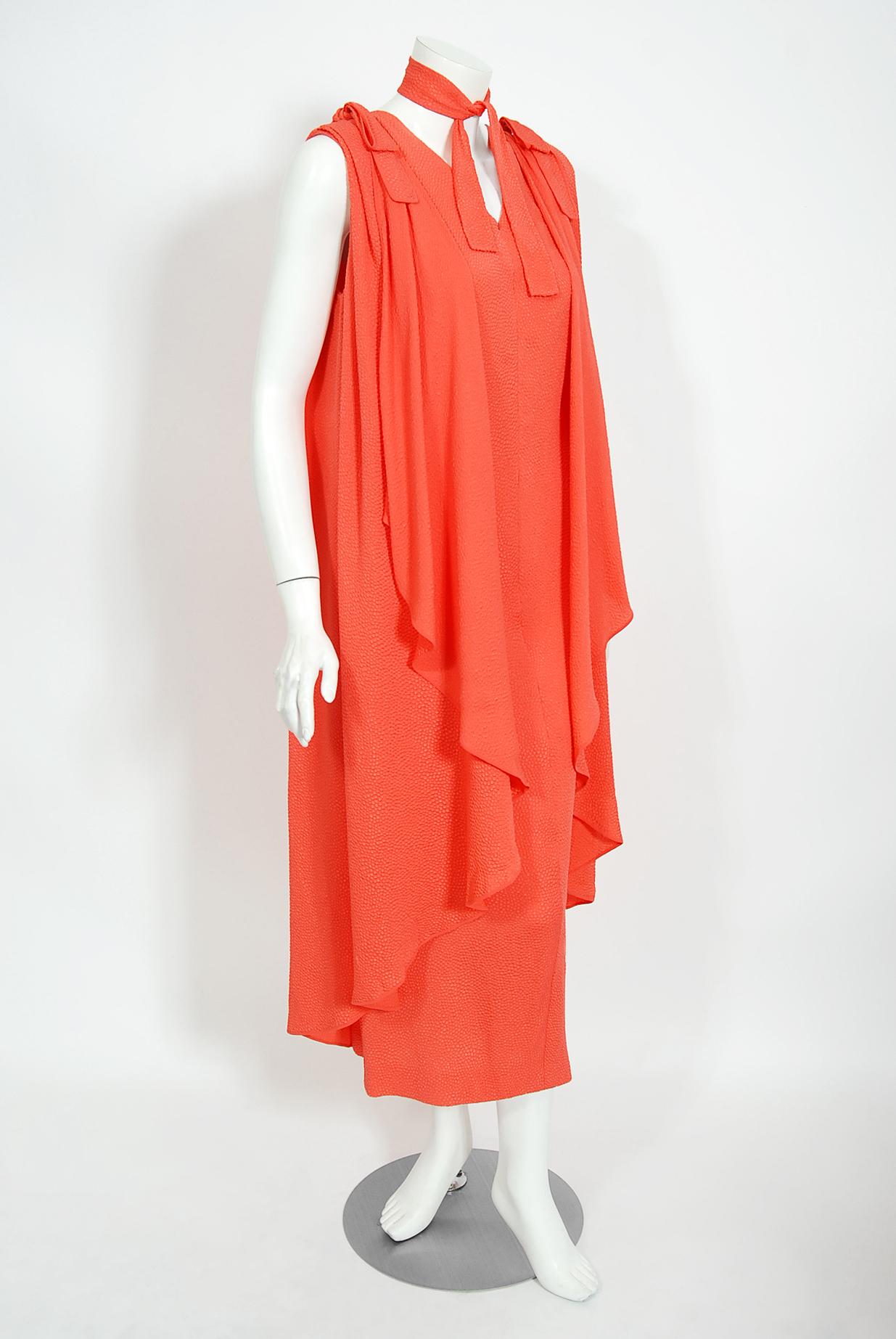 Women's Vintage 1970's Philippe Venet Couture Orange Textured Silk Draped Caftan Dress