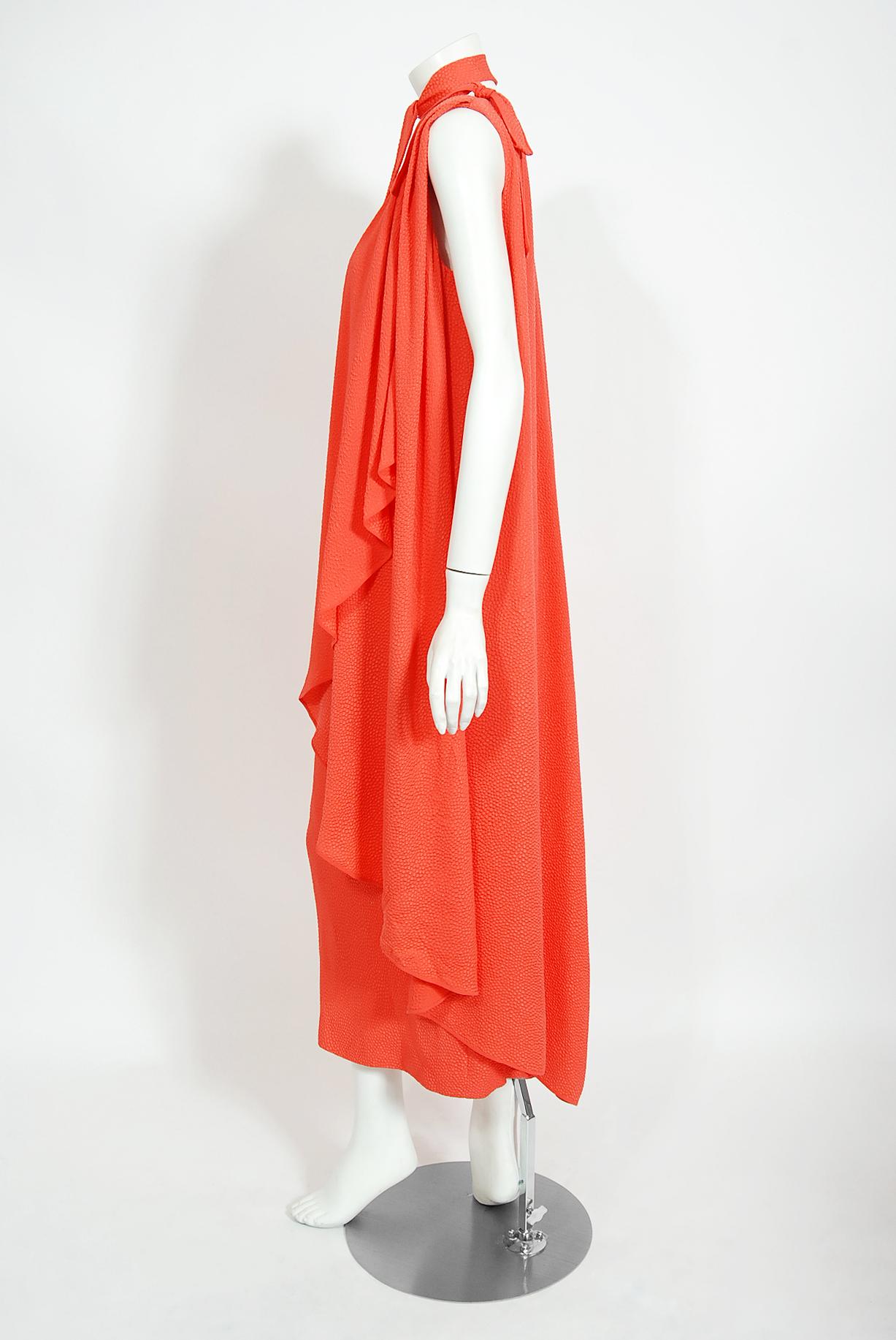 Vintage 1970's Philippe Venet Couture Orange Textured Silk Draped Caftan Dress 1