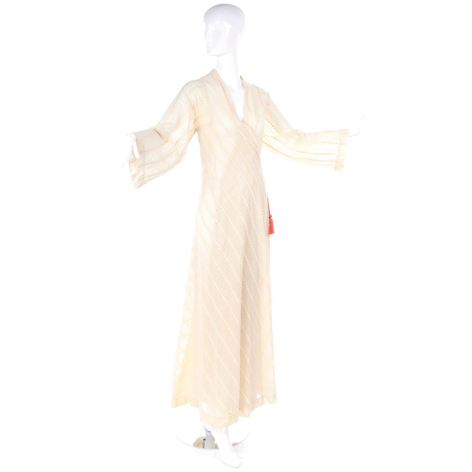Beige 1970s Phyllis Sues Vintage Cream Dot Embroidered Cotton Wrap Dress W Tassels