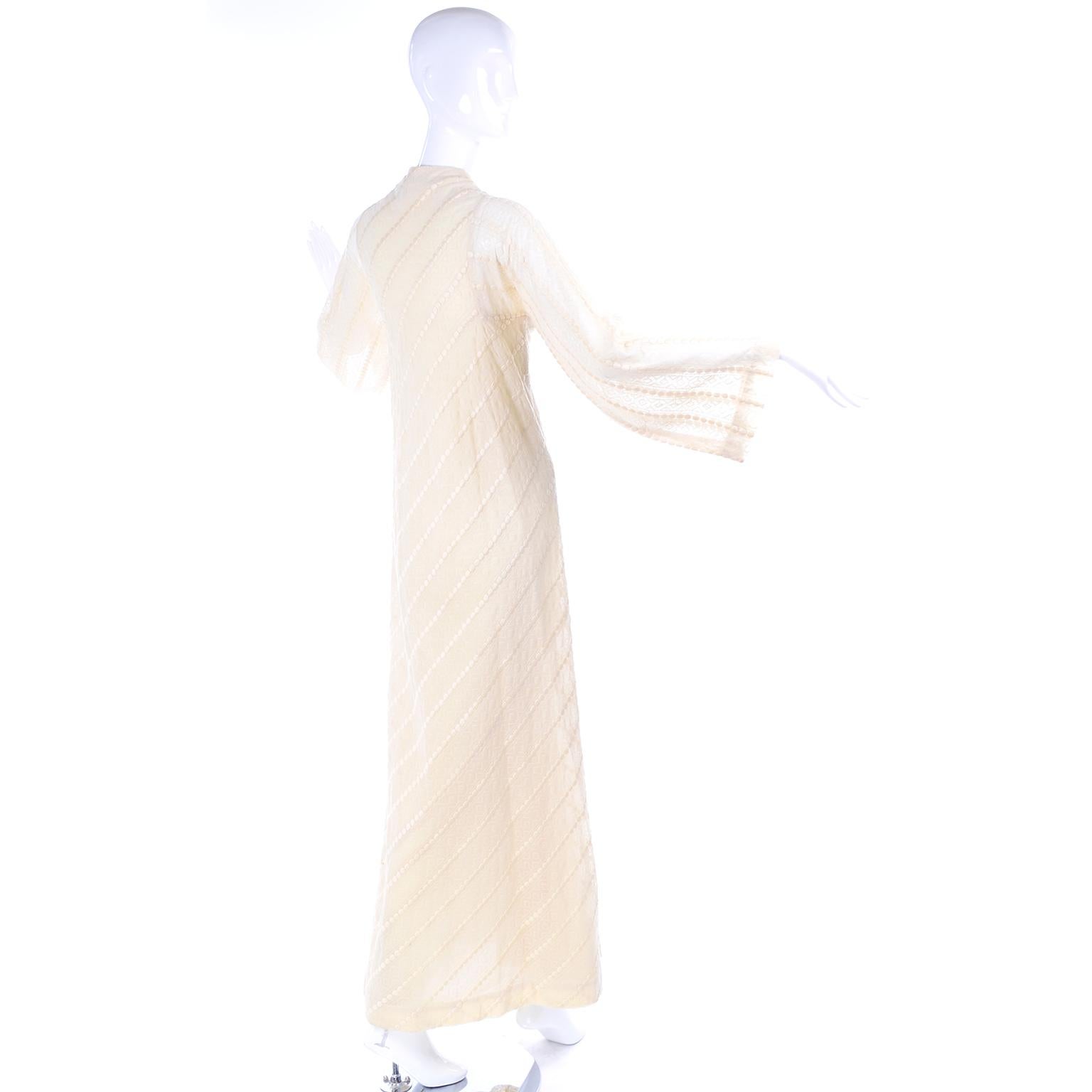 1970s Phyllis Sues Vintage Cream Dot Embroidered Cotton Wrap Dress W Tassels 1