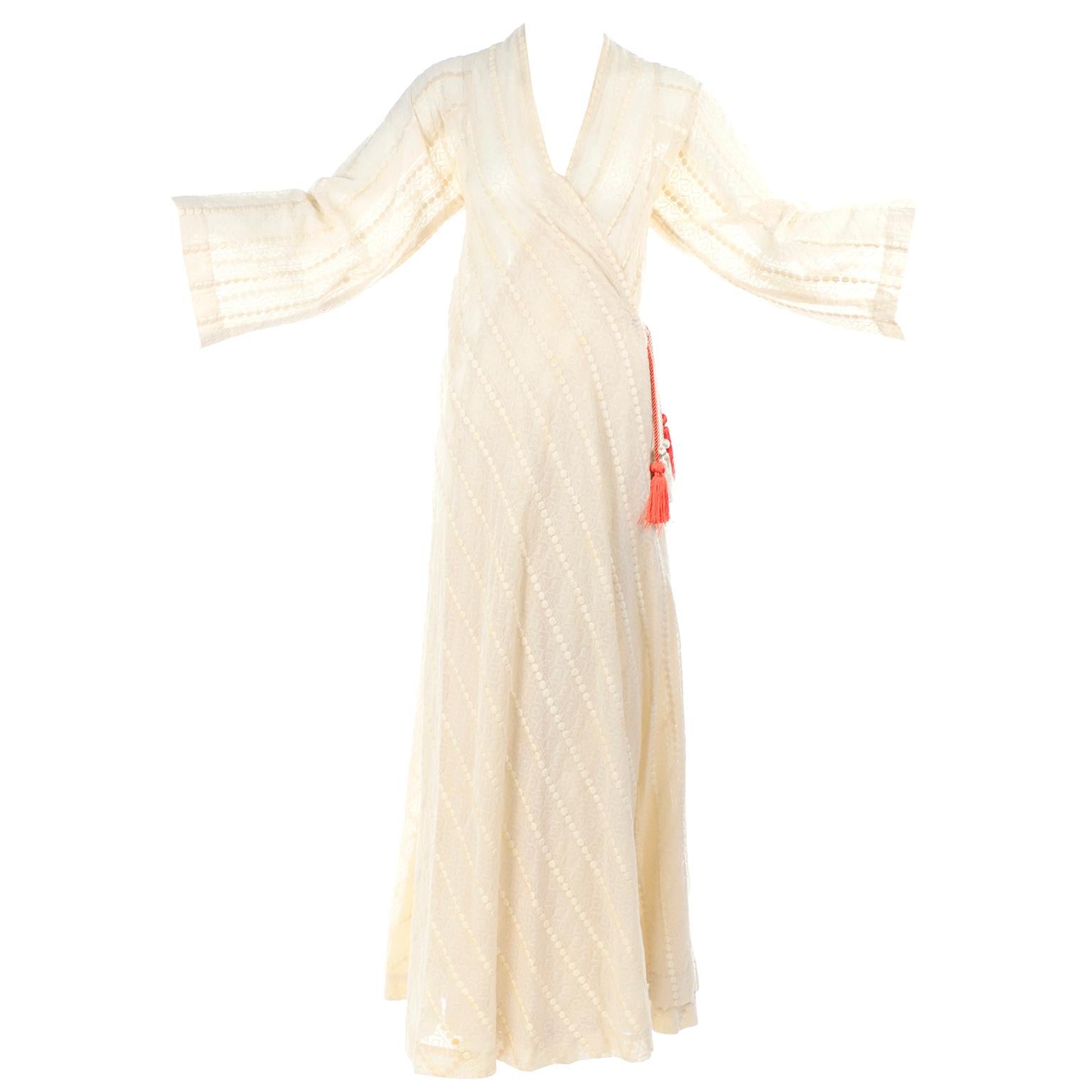 1970s Phyllis Sues Vintage Cream Dot Embroidered Cotton Wrap Dress W Tassels 2