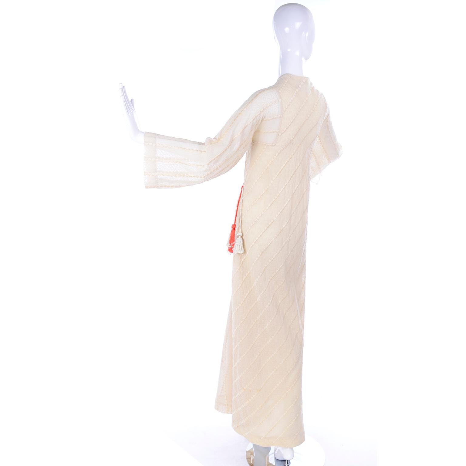 1970s Phyllis Sues Vintage Cream Dot Embroidered Cotton Wrap Dress W Tassels 3