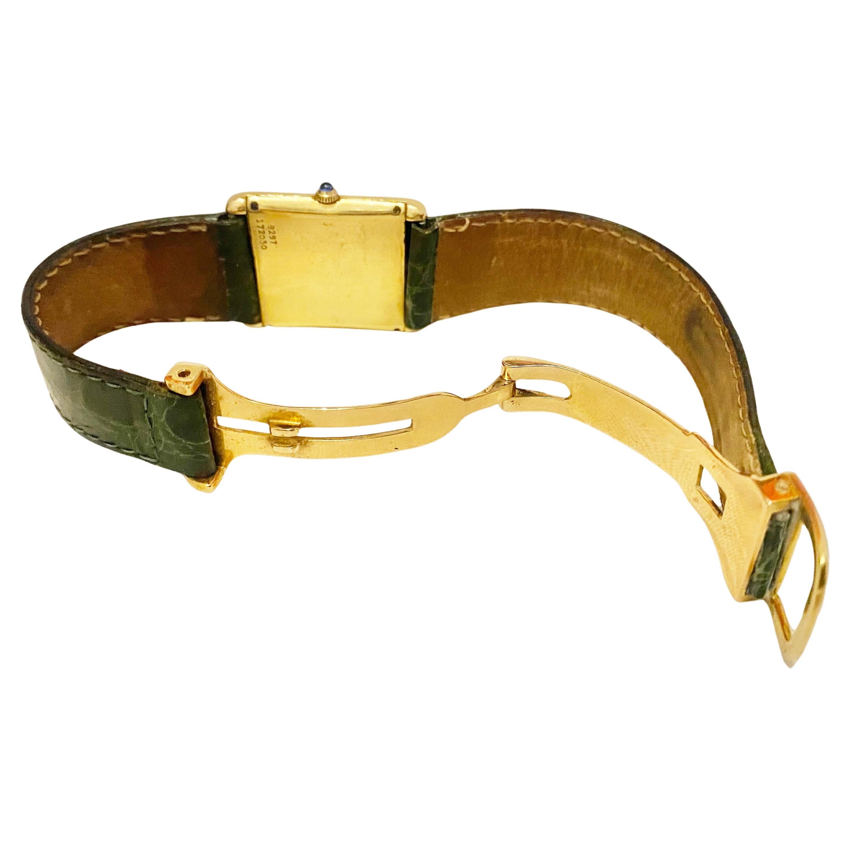 18K Gold Piaget Wrist Watch, sapphire crystal face, 18K gold case, Roman numbers, crocodile leather with 18k gold strap, 4 sapphire inside mechanism. 

Condition: 1970s, vintage, very good, images true to condition, working precisely, comes with its