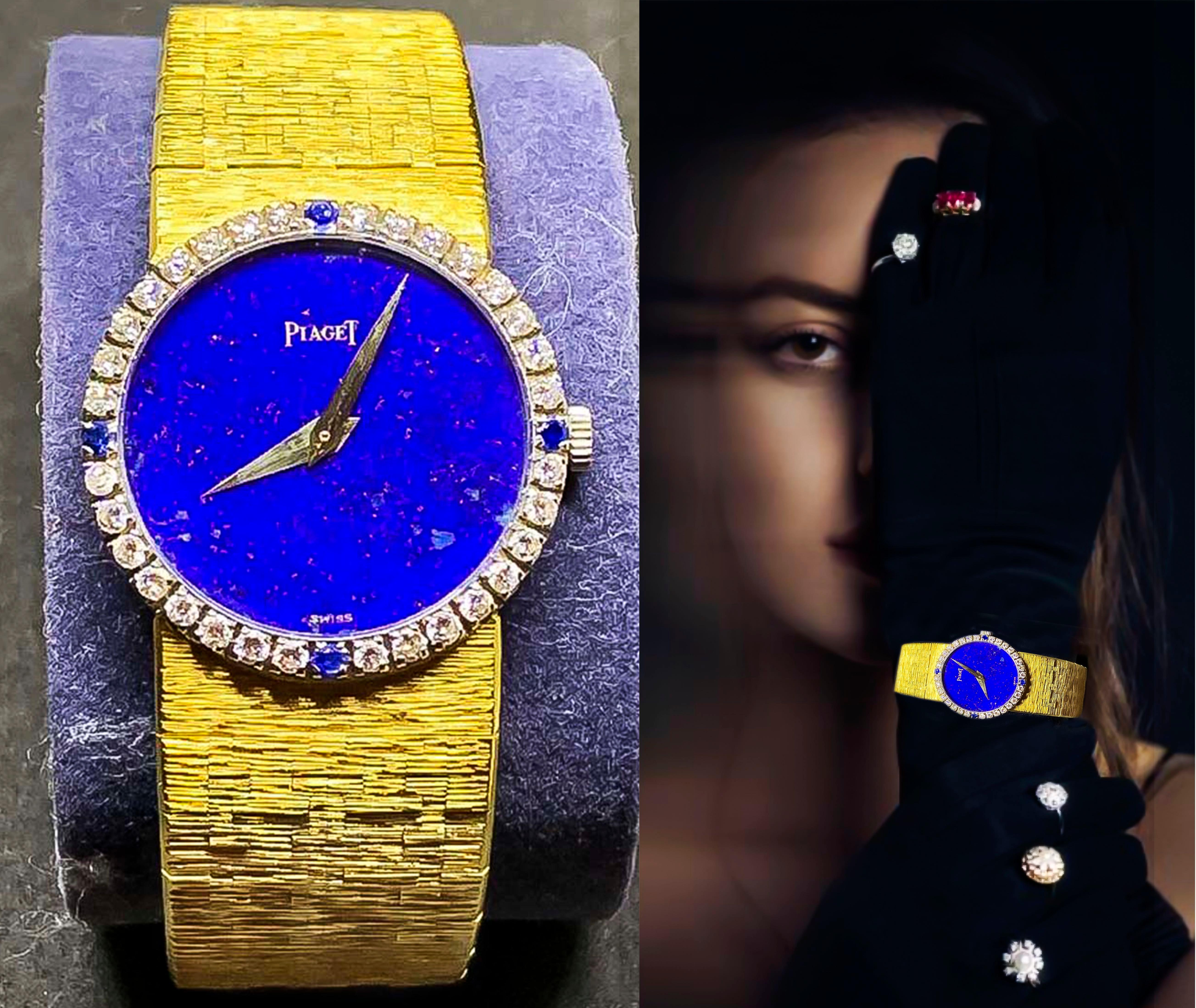 
A Rare 1970s Piaget Limited production 18kt Yellow Gold Lapis Diamond Set & Sapphire Set Textured Bracelet Wristwatch 


Basic Specifications & Case Dimensions: 
-27 mm x 27mm Diameter Case Dimension 
-170 mm fits up to wrist size *can be resized