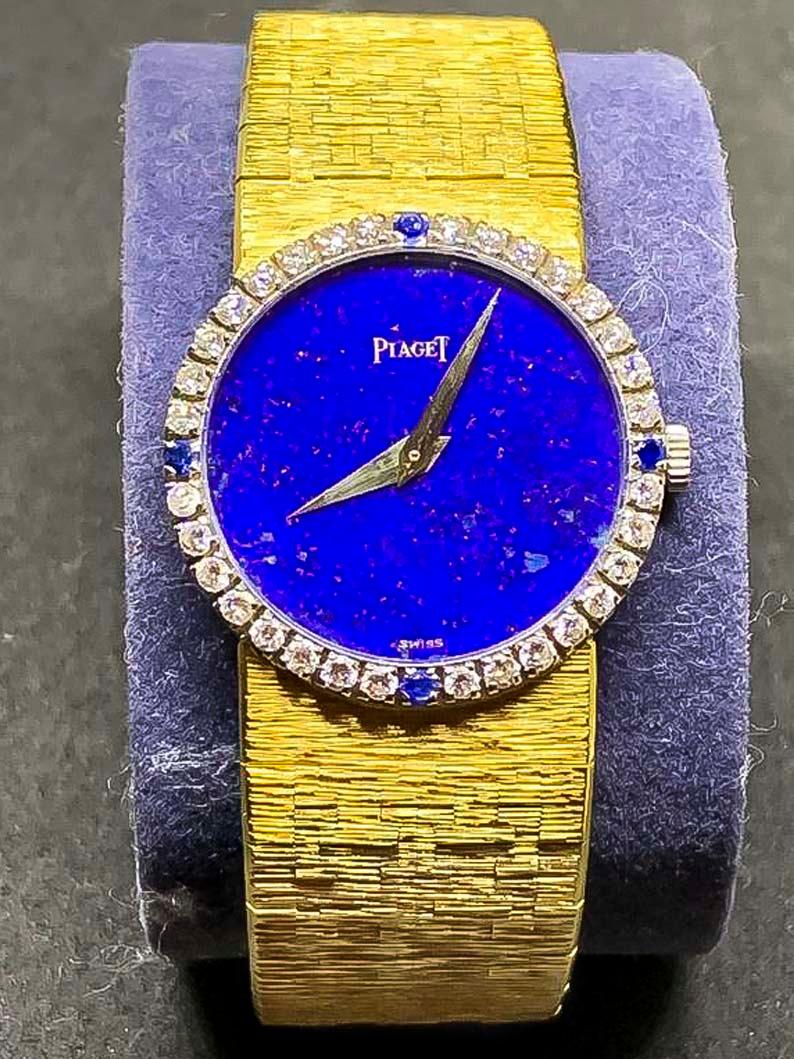 Round Cut 1970s Piaget 18 Karat Yellow Gold Lapis Diamond Sapphire Bracelet Watch