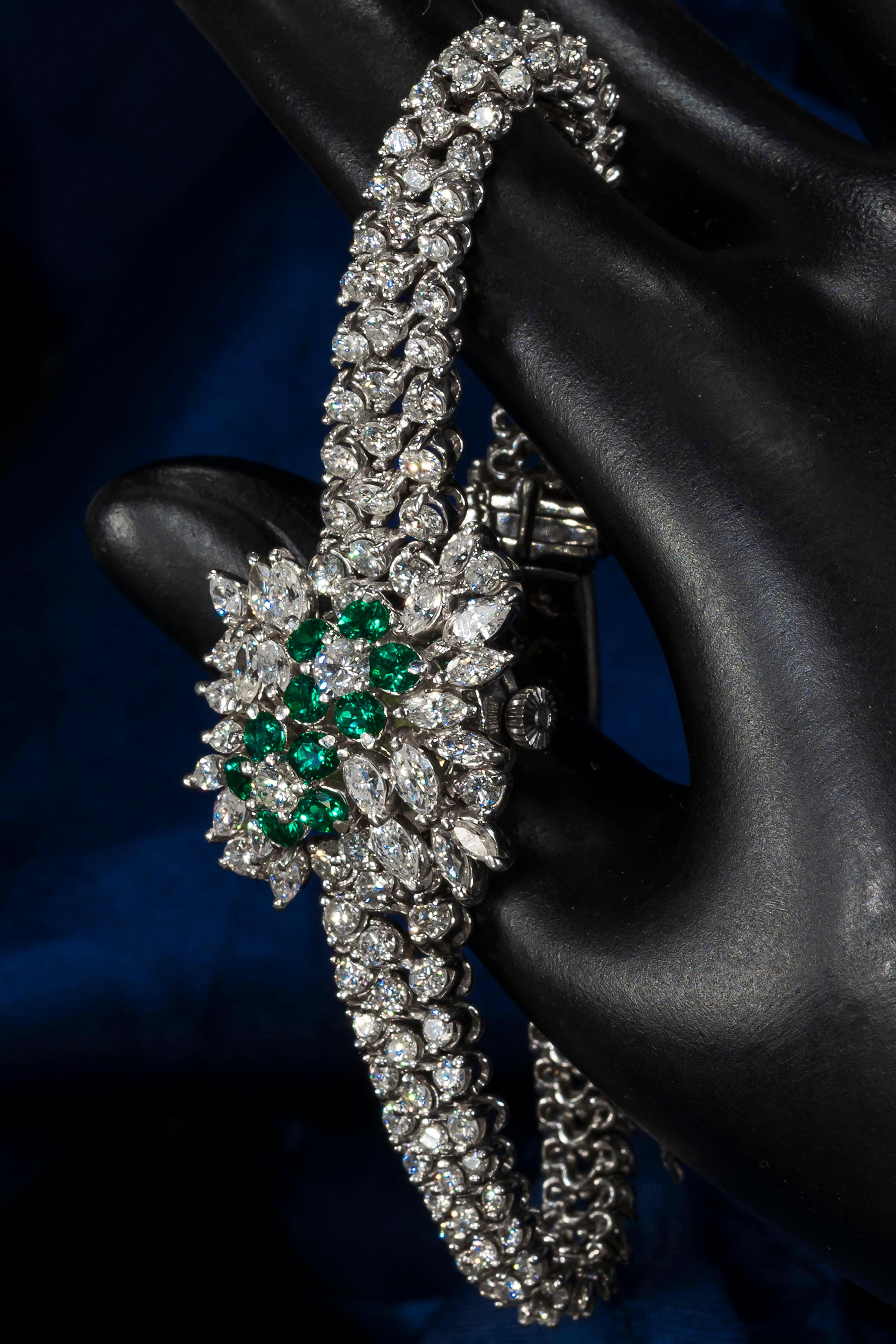 1970s Piaget Platinum Diamond Emerald Concealed Bracelet Watch Approx 25 Carat 3