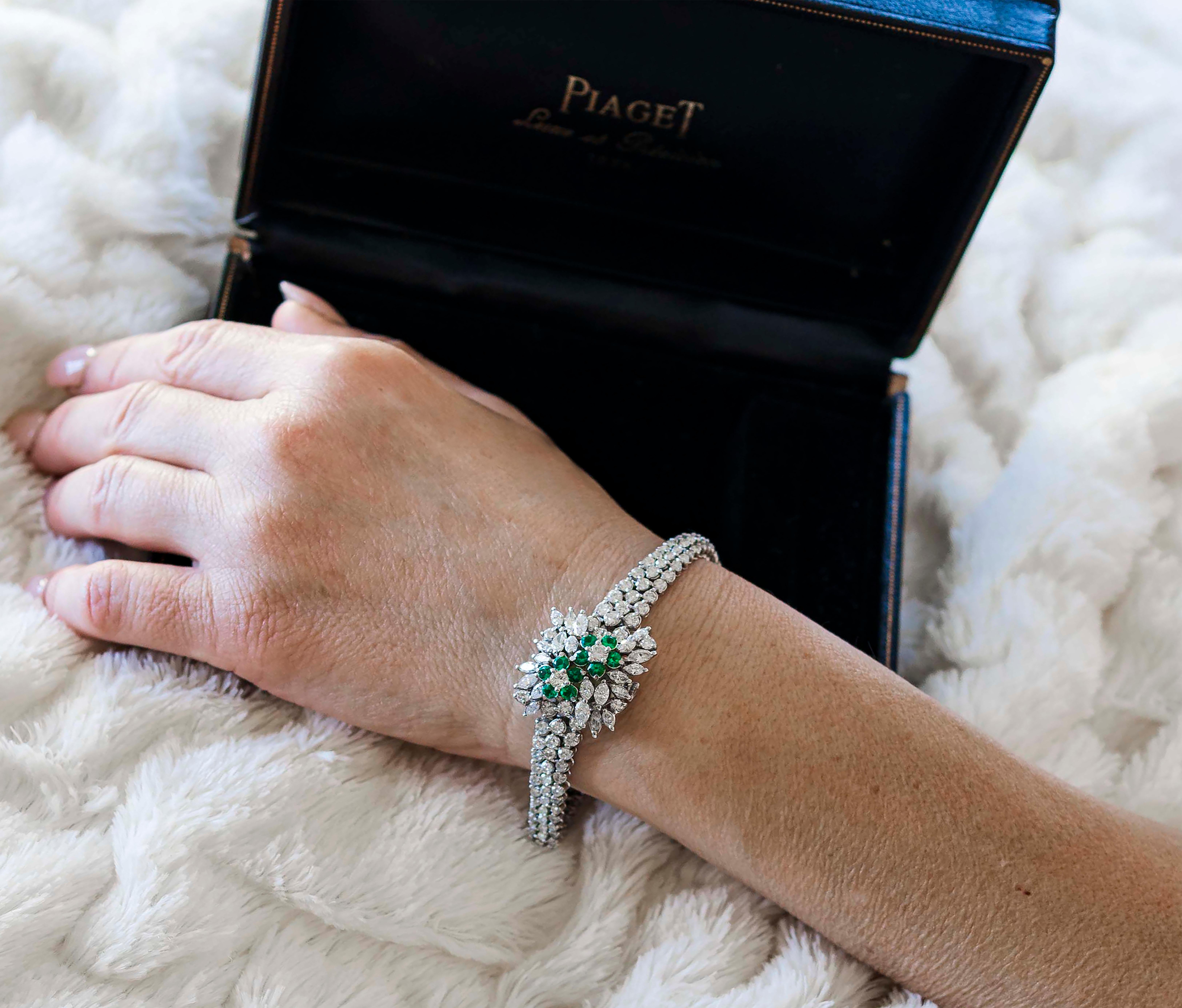 1970s Piaget Platinum Diamond Emerald Concealed Bracelet Watch Approx 25 Carat 4