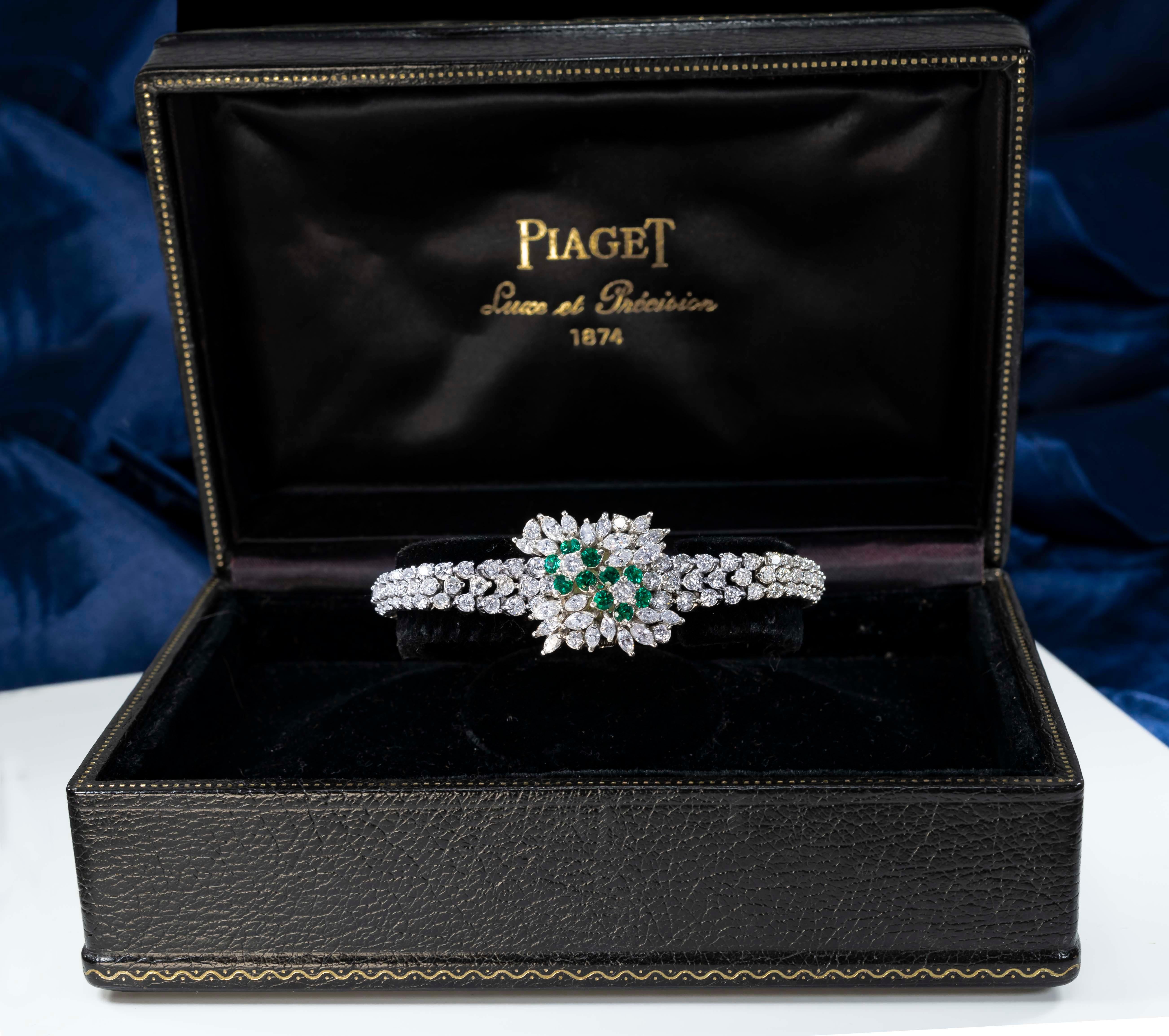Marquise Cut 1970s Piaget Platinum Diamond Emerald Concealed Bracelet Watch Approx 25 Carat