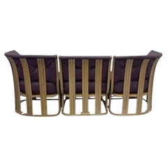 1970s Pickled Teak Ribbed Three-Piece Sofa with Purple Leather Upholstery