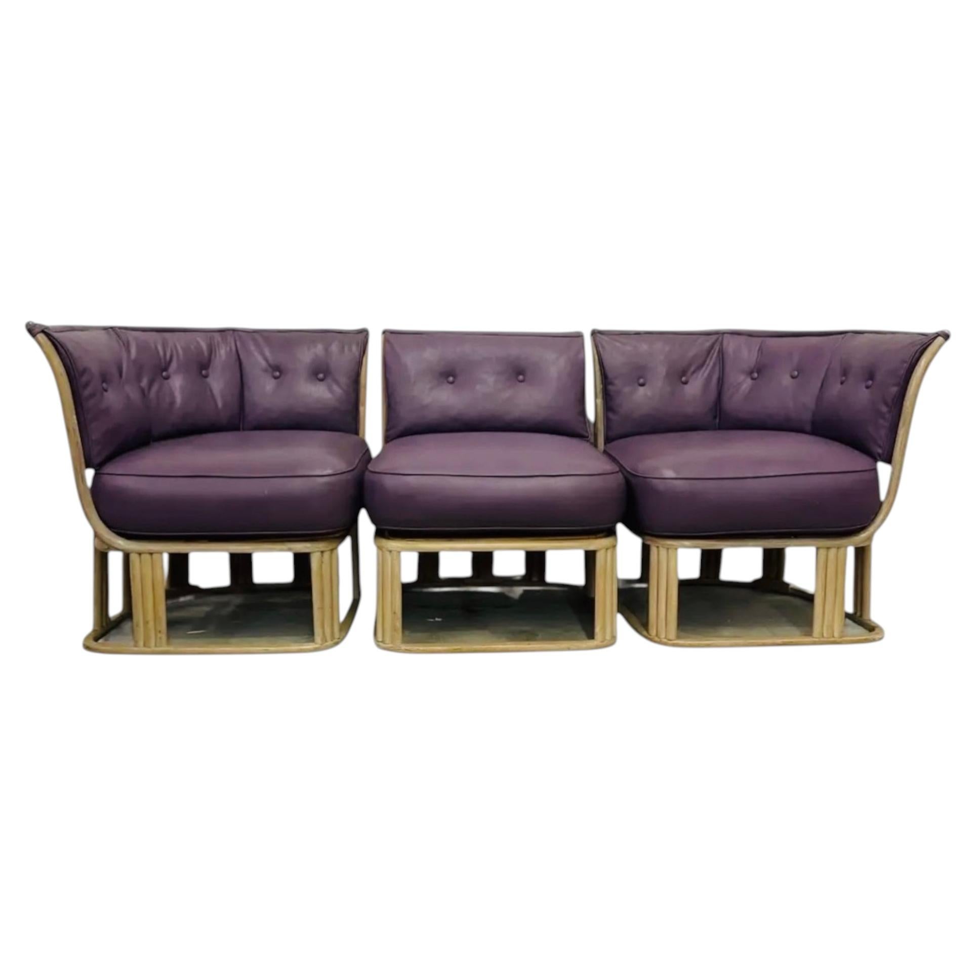 1970s Pickled Teak Ribbed Three-Piece Sofa with Purple Leather Upholstery
