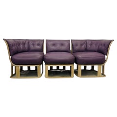1970s Pickled Teak Ribbed Three-Piece Sofa with Purple Leather Upholstery