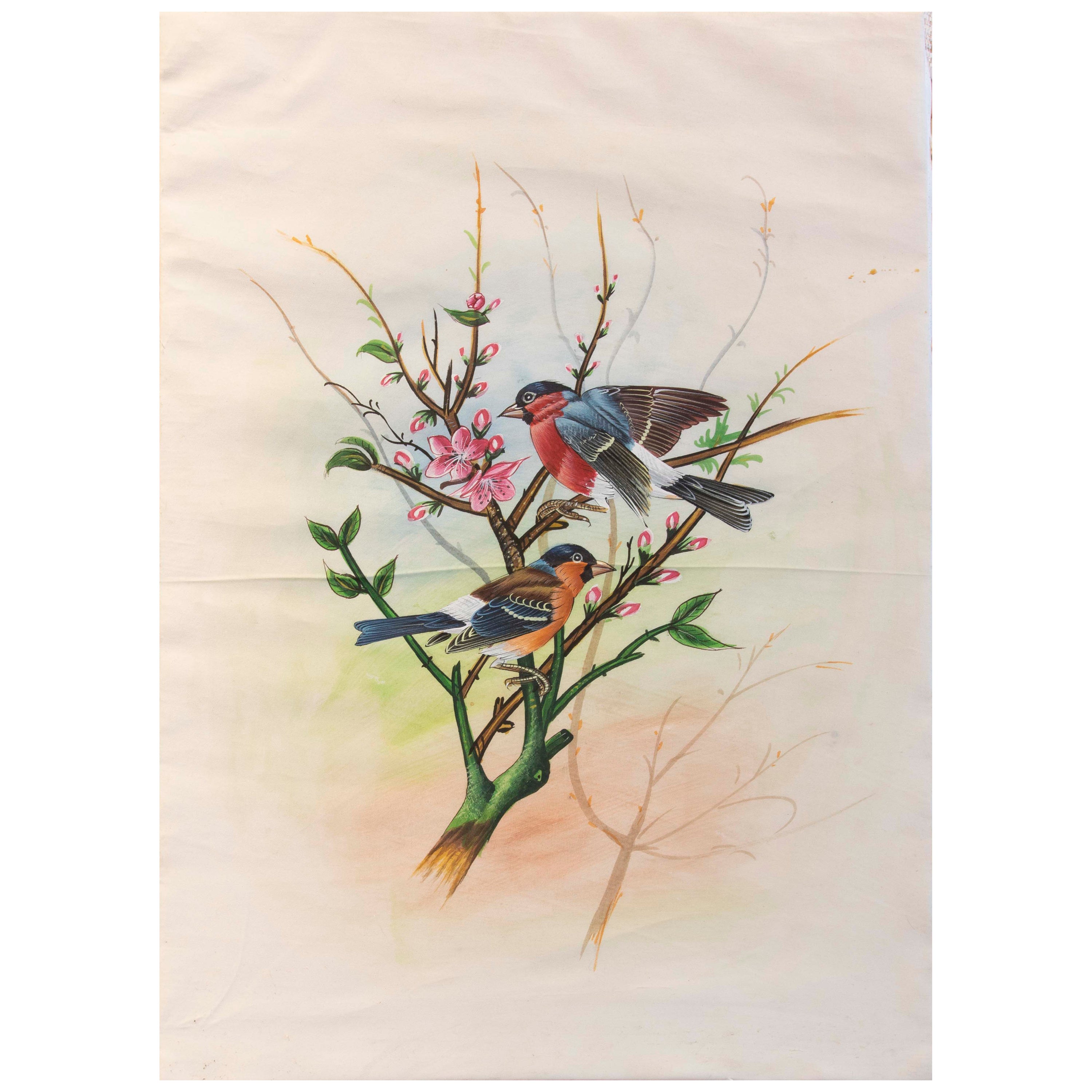 1970s Picture of B on Branch with Flowers Painted on Silk (Photo de B sur une branche avec des fleurs peinte sur de la soie) en vente