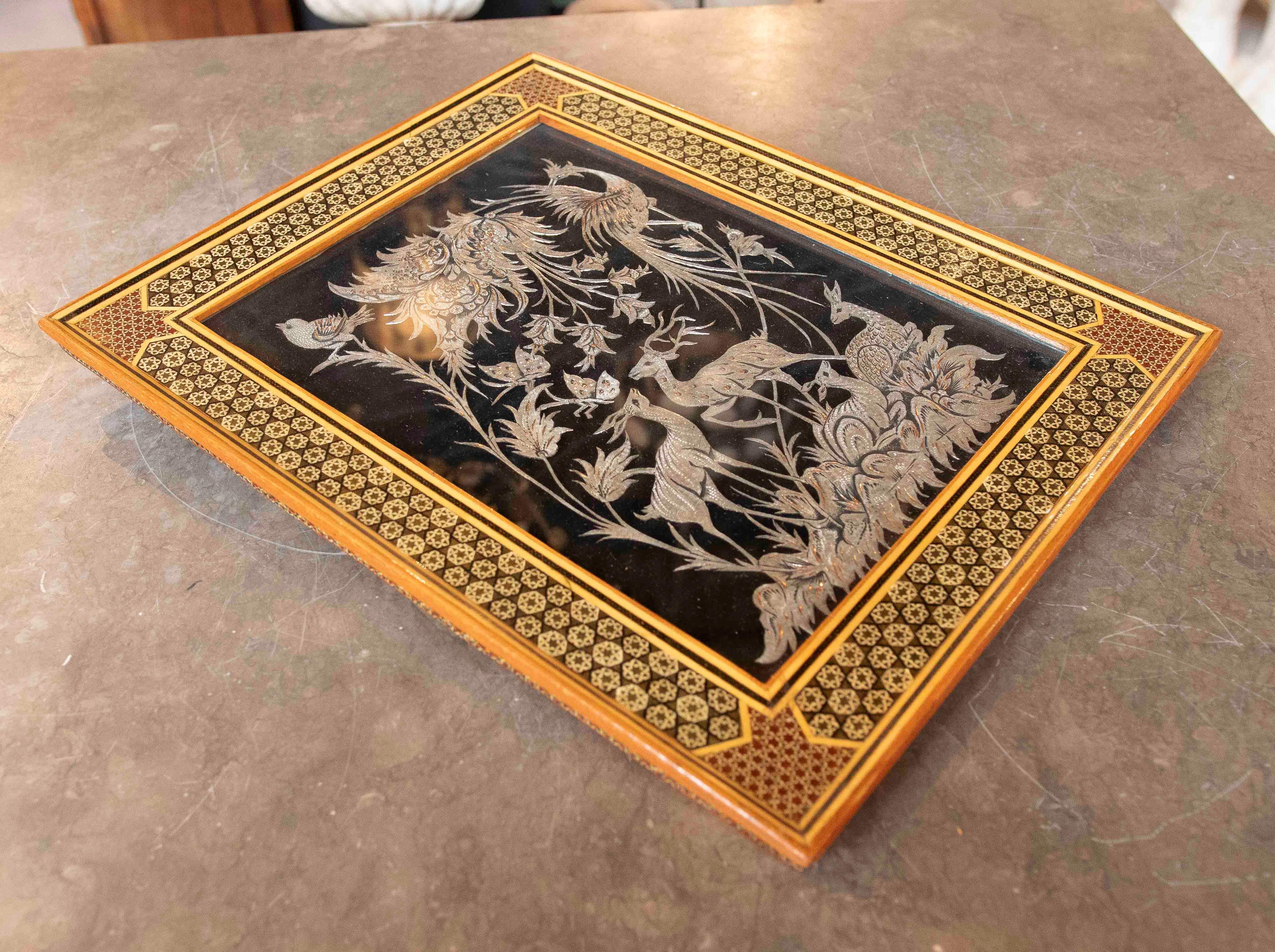 Asian 1970s Picture with Decoration of Birds with Metal Work with Inlay Frame For Sale