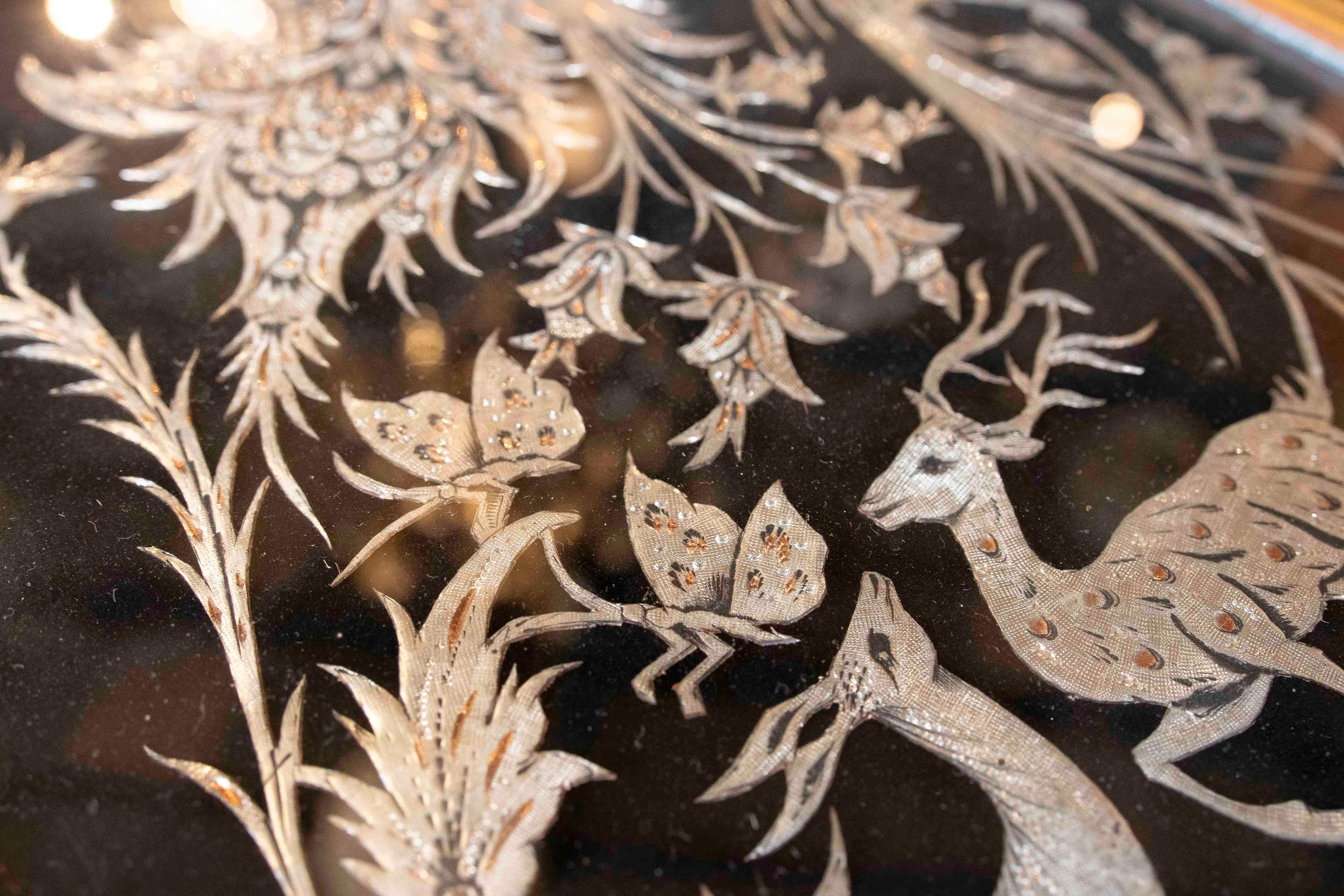 20th Century 1970s Picture with Decoration of Birds with Metal Work with Inlay Frame For Sale
