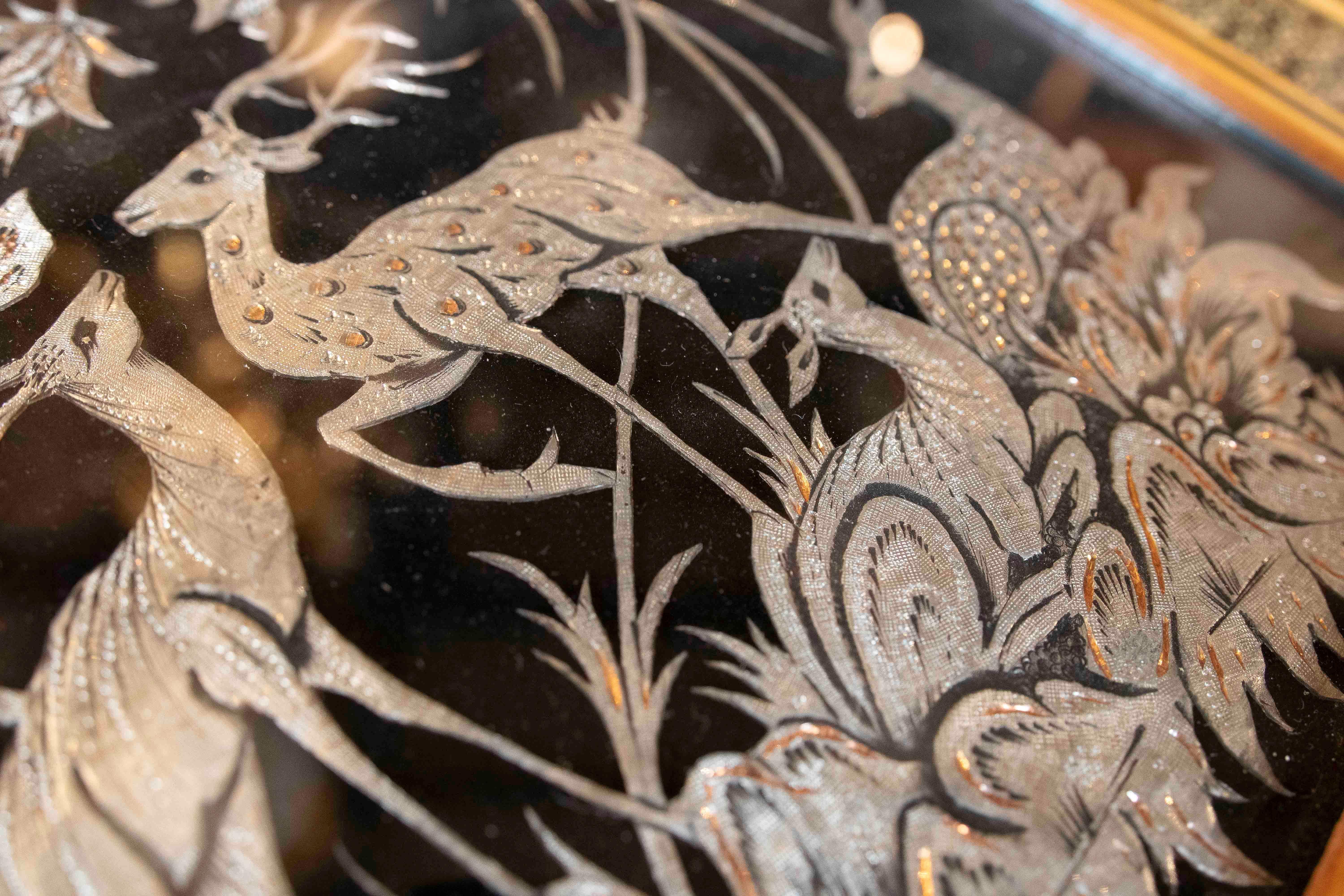 1970s Picture with Decoration of Birds with Metal Work with Inlay Frame For Sale 1
