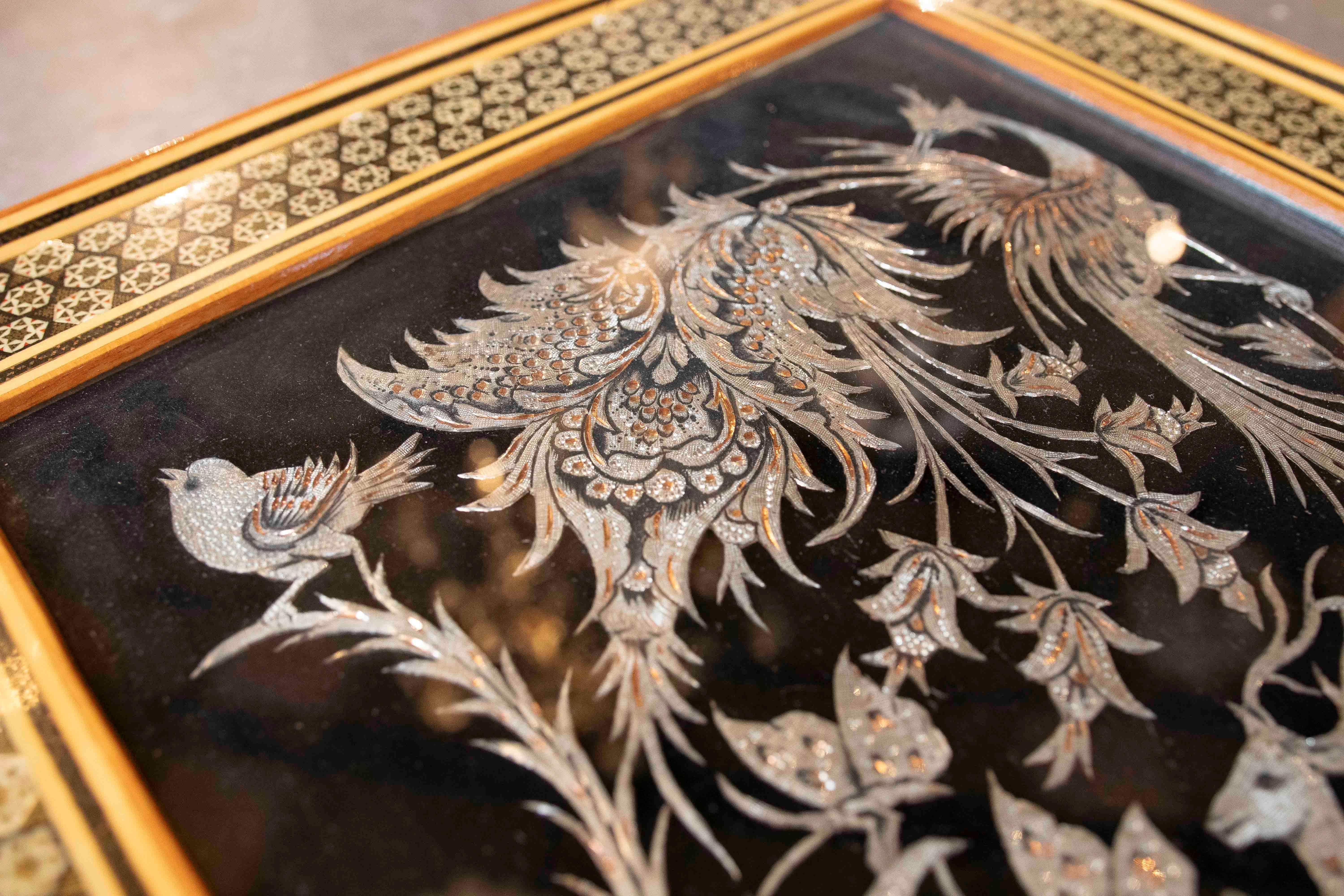 1970s Picture with Decoration of Birds with Metal Work with Inlay Frame For Sale 2