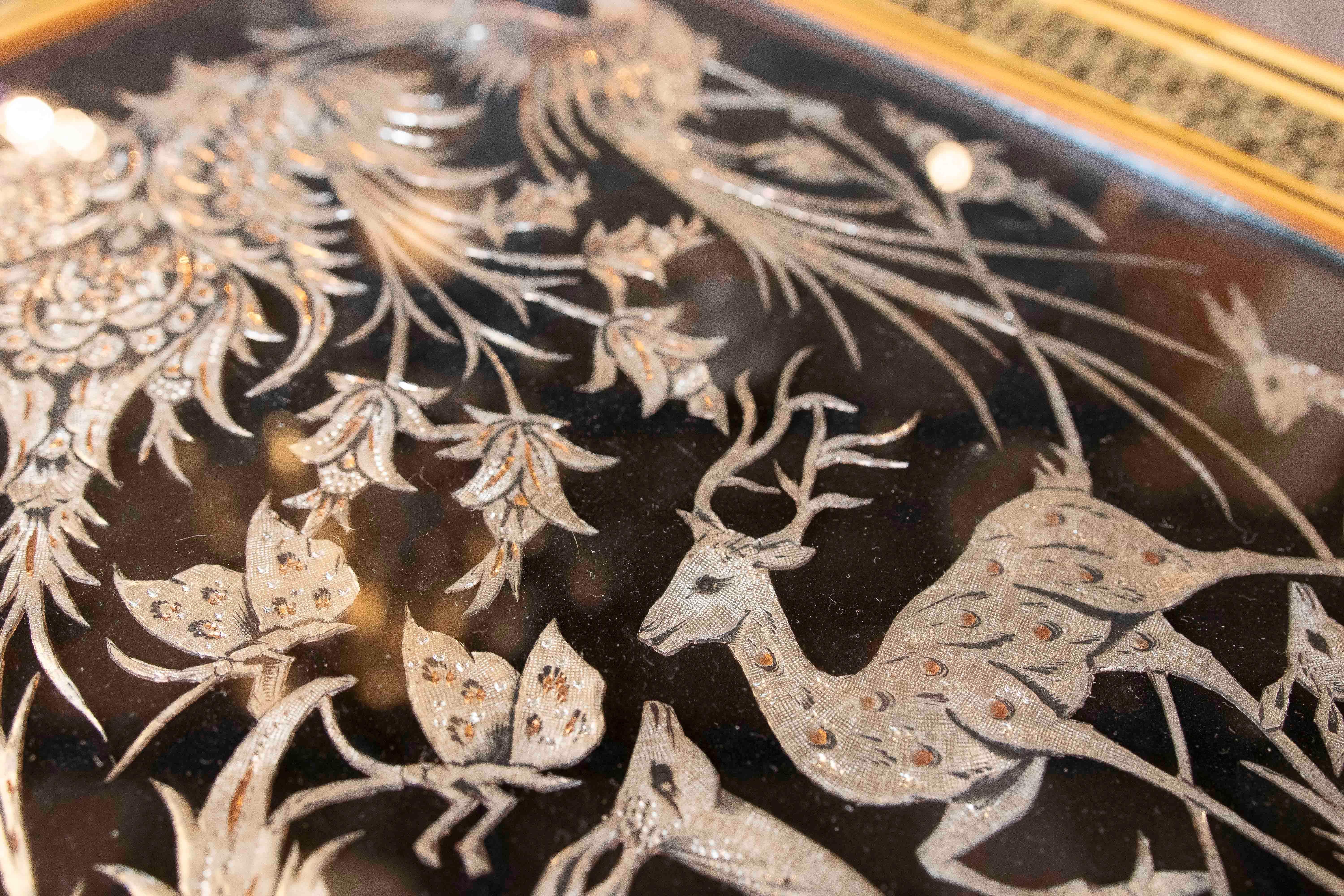 1970s Picture with Decoration of Birds with Metal Work with Inlay Frame For Sale 3