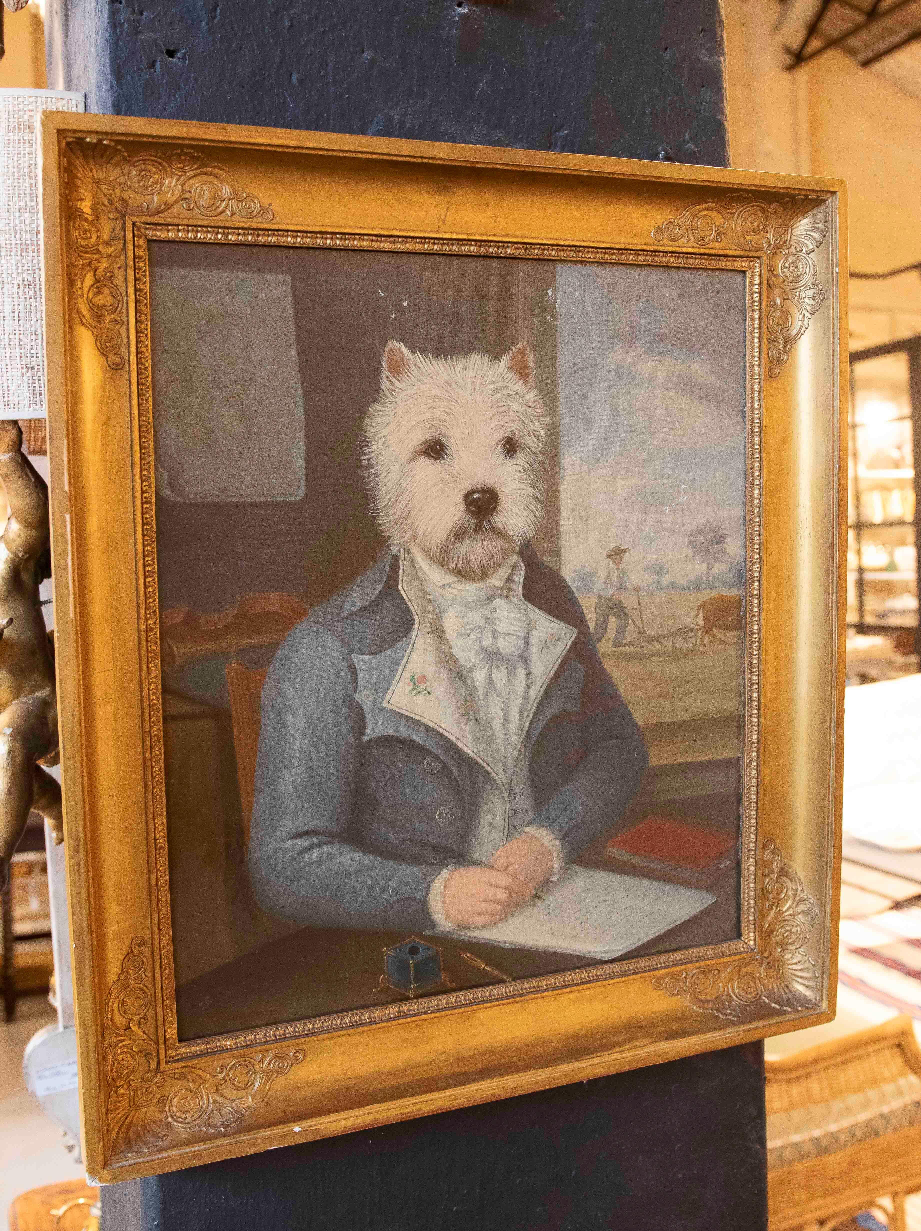 Painting signed by the artist Th. Foncelet depicting a dog dressed in a 19th century costume, in a scene that combines humorous and detailed elements. The work is framed with an ornate gilt frame, which highlights the elegance of the subject and the
