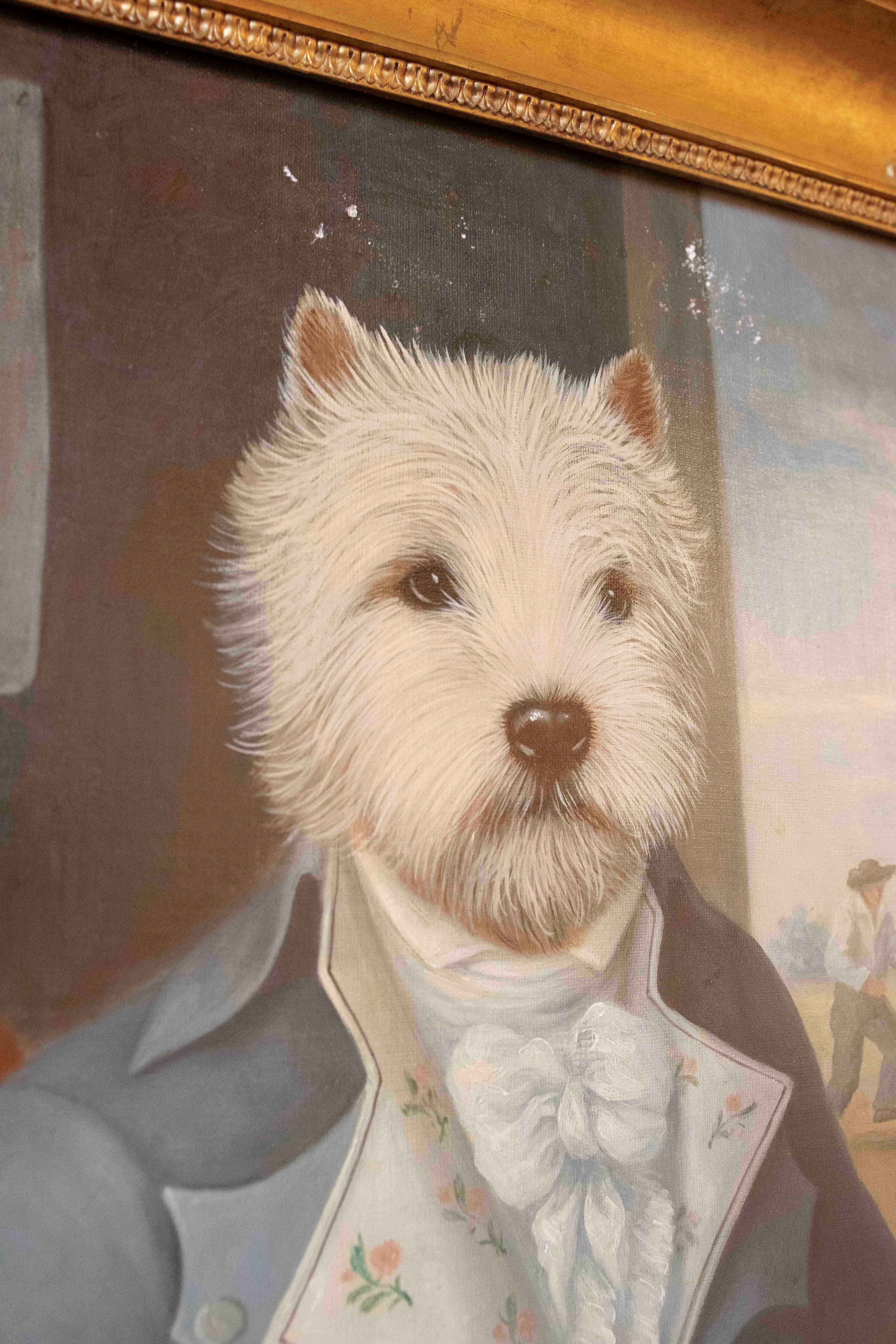 1970s Picturesque Portrait by Th. Poncelet: Anthropomorphized Dog Framed in Gold In Good Condition In Marbella, ES