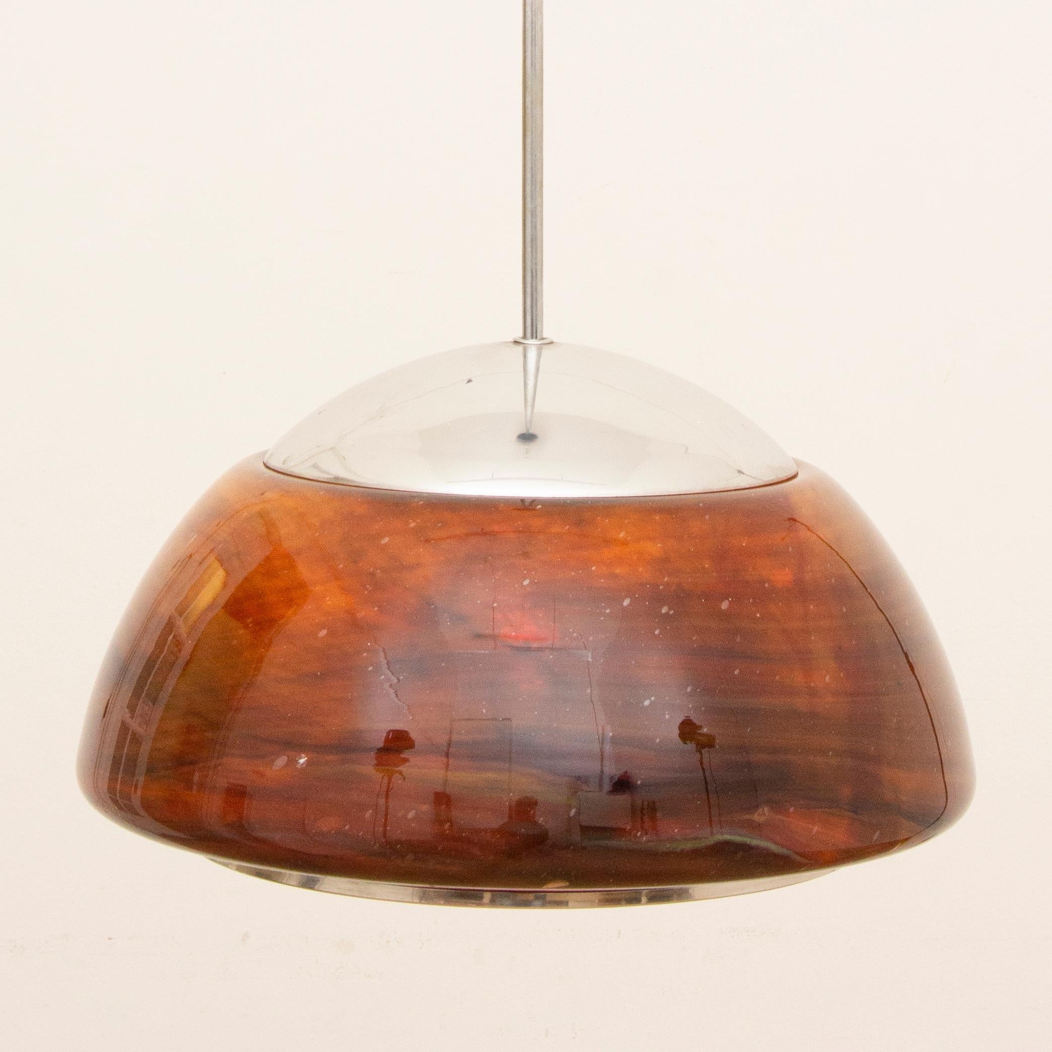 Mid-Century Modern 1970s Piell and Putzler Space Age Hanging Pendant Chrome and Brown Glass Light