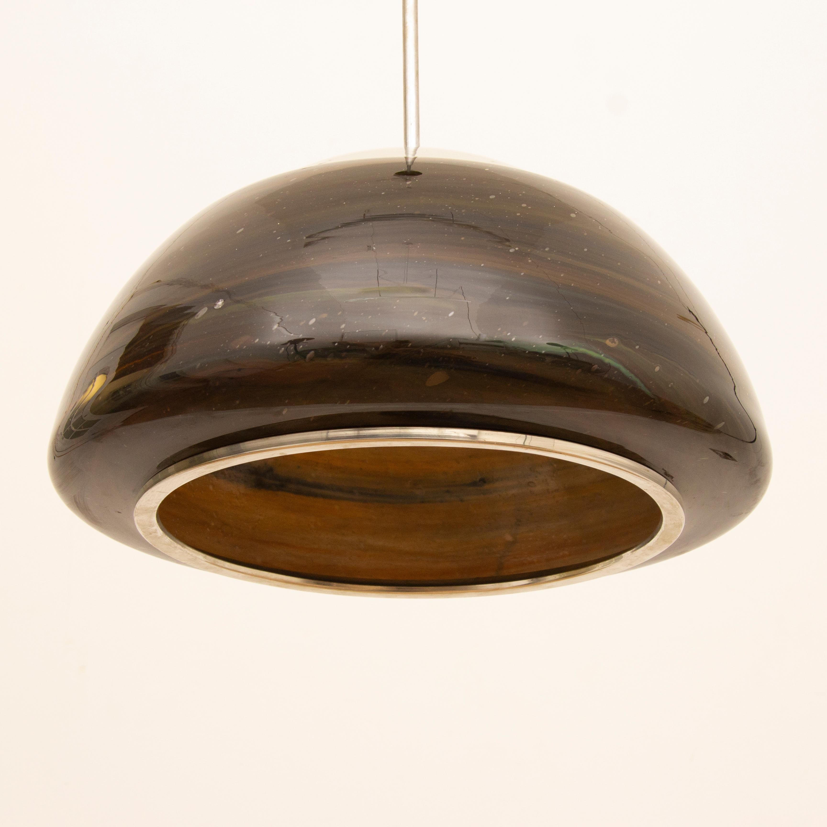 German 1970s Piell and Putzler Space Age Hanging Pendant Chrome and Brown Glass Light