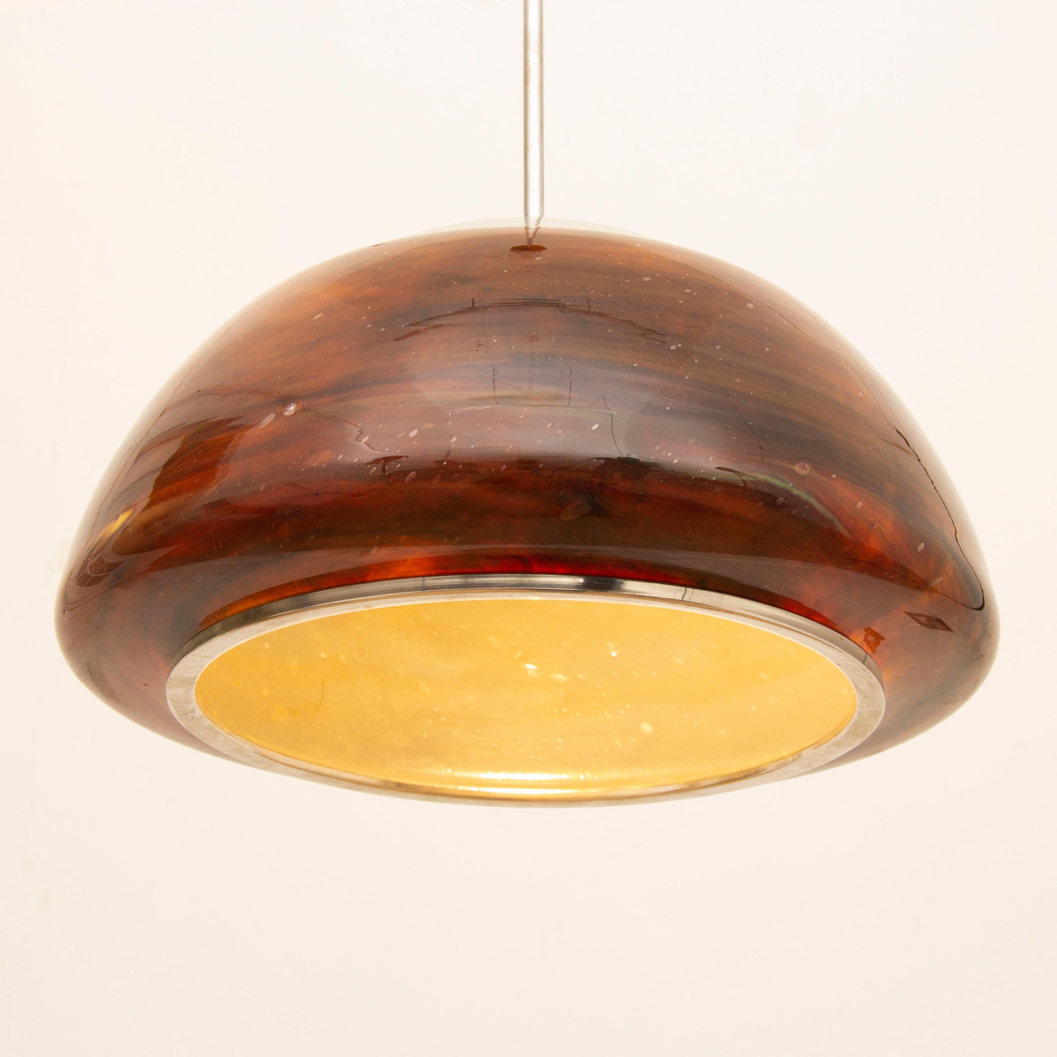 1970s Piell and Putzler Space Age Hanging Pendant Chrome and Brown Glass Light In Good Condition In London, GB