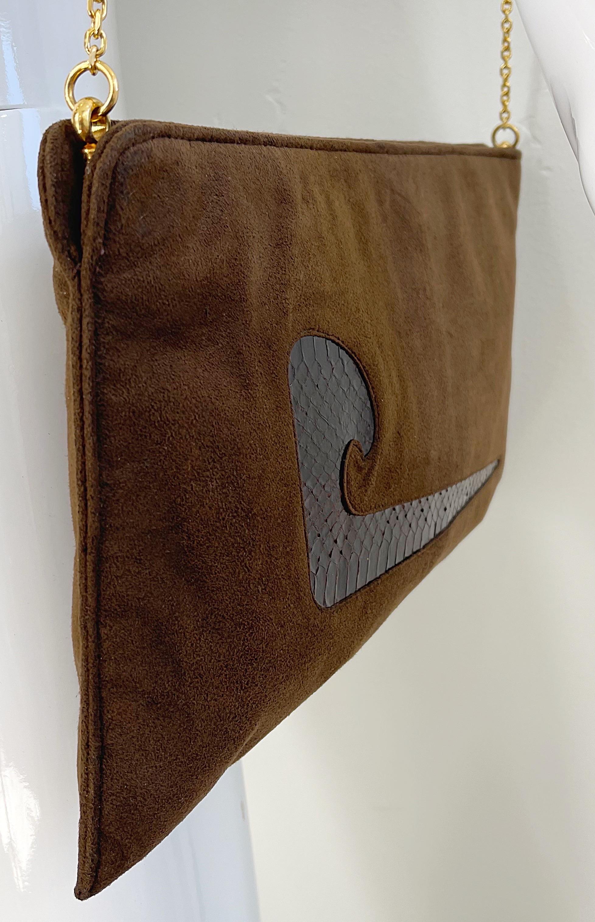 1970s Pierre Cardin Brown Ultra Suede Snakeskin Logo 70s Bag Clutch Crossbody For Sale 4