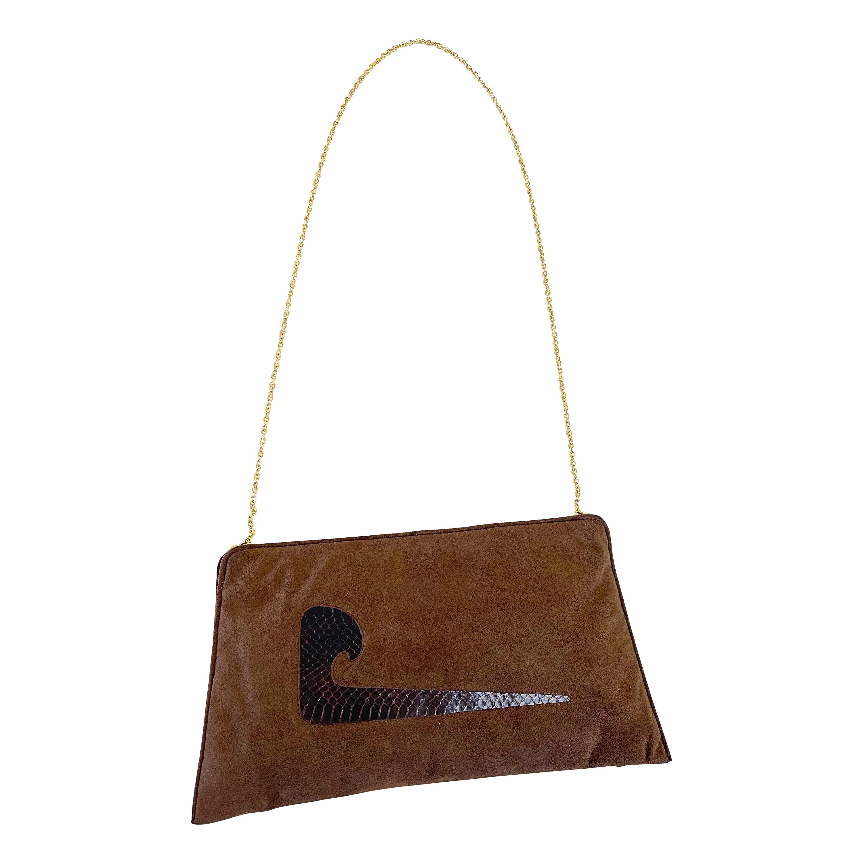 1970er Pierre Cardin Braun Ultra Wildleder Schlangenhaut Logo 70er Jahre Tasche Clutch Crossbody