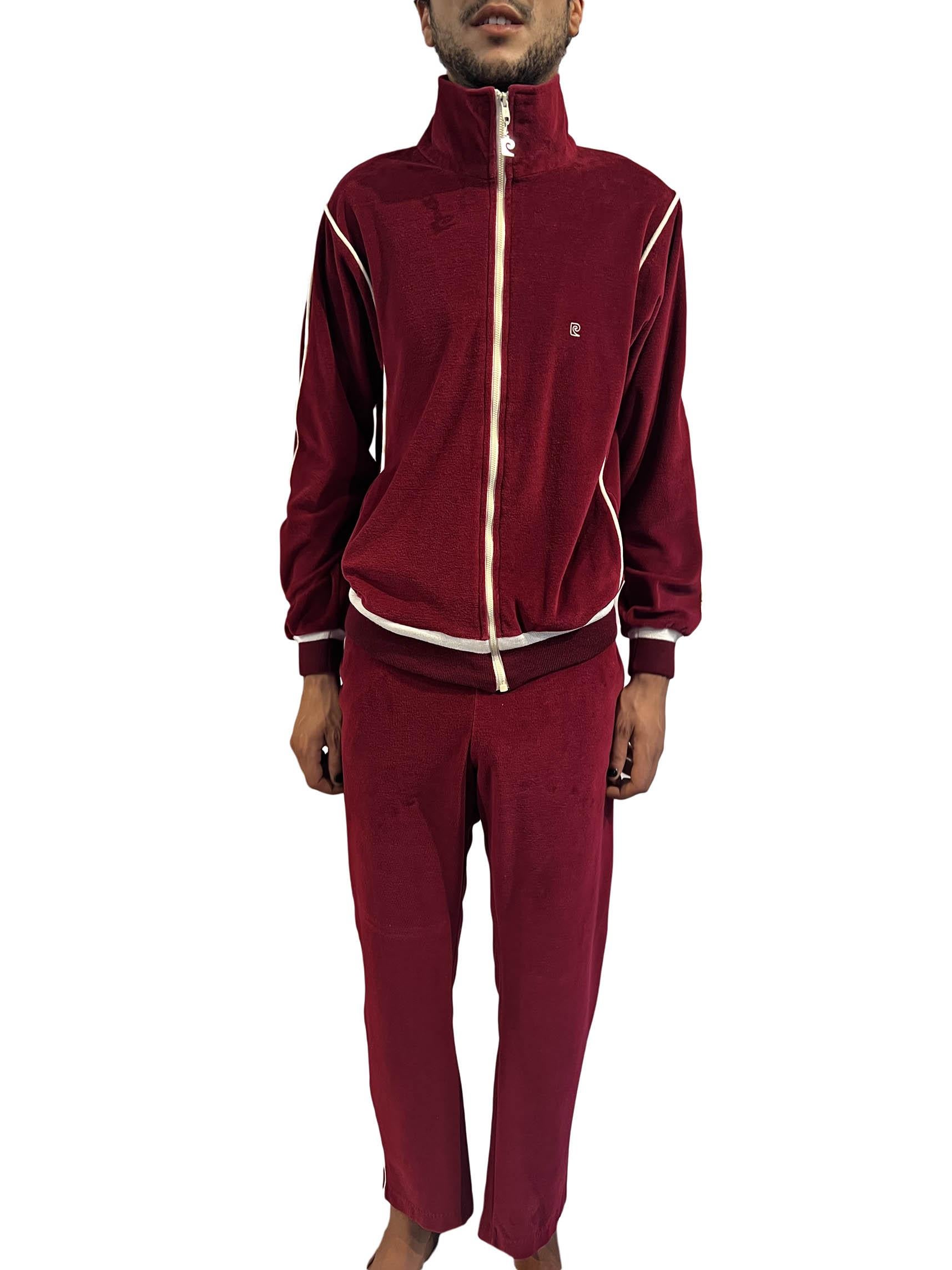 Red 1970S Pierre Cardin Burgundy White Trim Velvet Tracksuit Ensemble