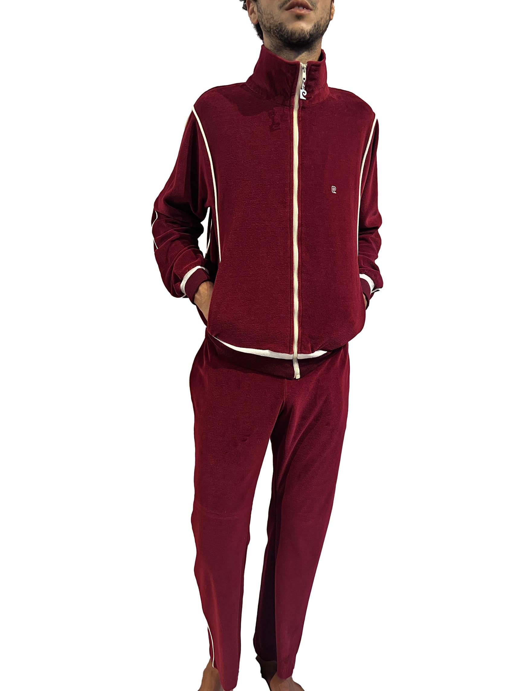 1970S Pierre Cardin Burgundy White Trim Velvet Tracksuit Ensemble In Excellent Condition In New York, NY