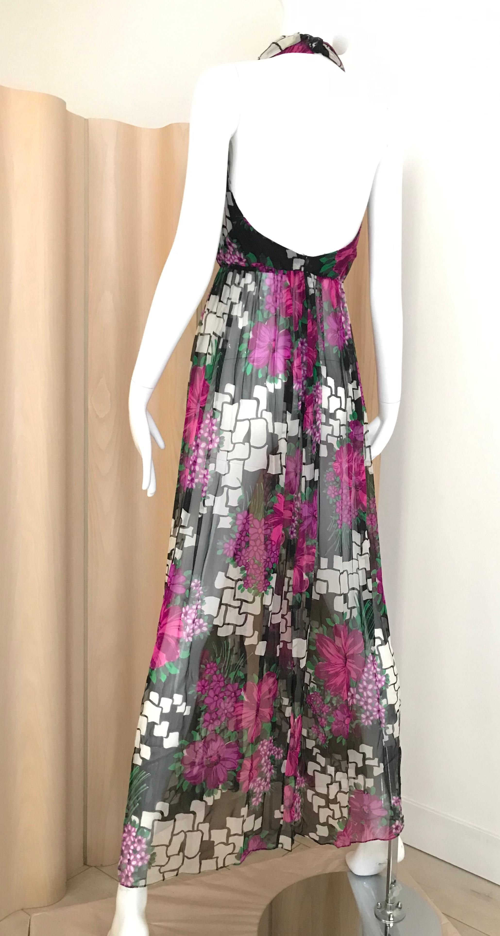 Gray 1970s Pierre Cardin Floral Print Halter Silk Vest Dress For Sale
