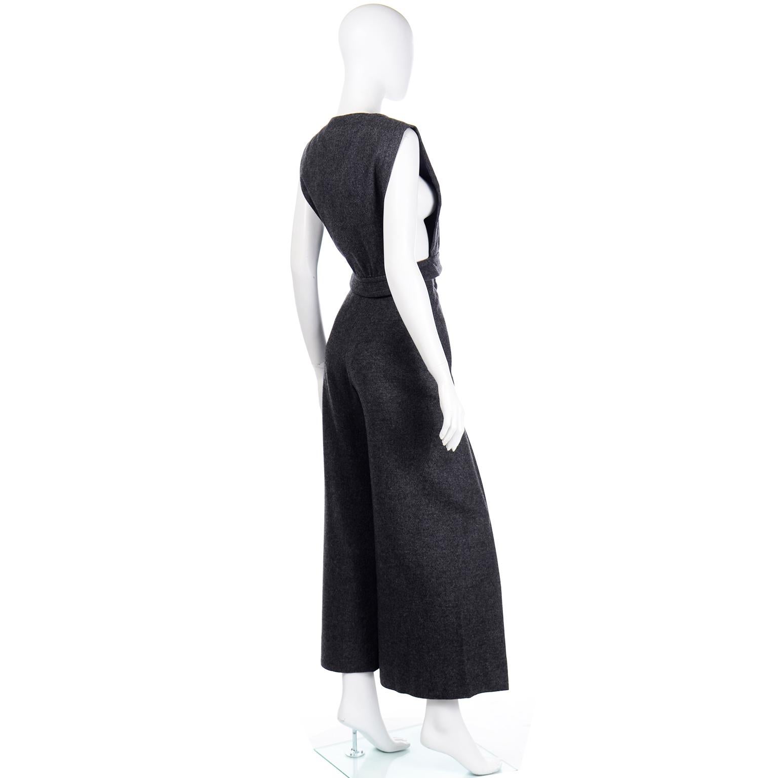 Women's 1970s Pierre Cardin Grey Wool Wide Leg Pleated Pants & Vest Style Top Outfit