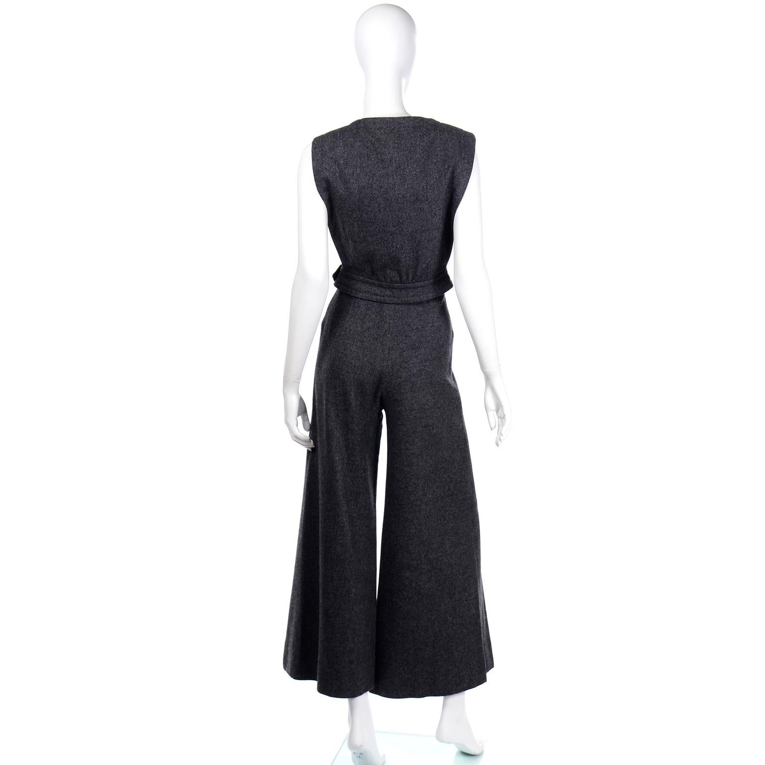 1970s Pierre Cardin Grey Wool Wide Leg Pleated Pants & Vest Style Top Outfit 1
