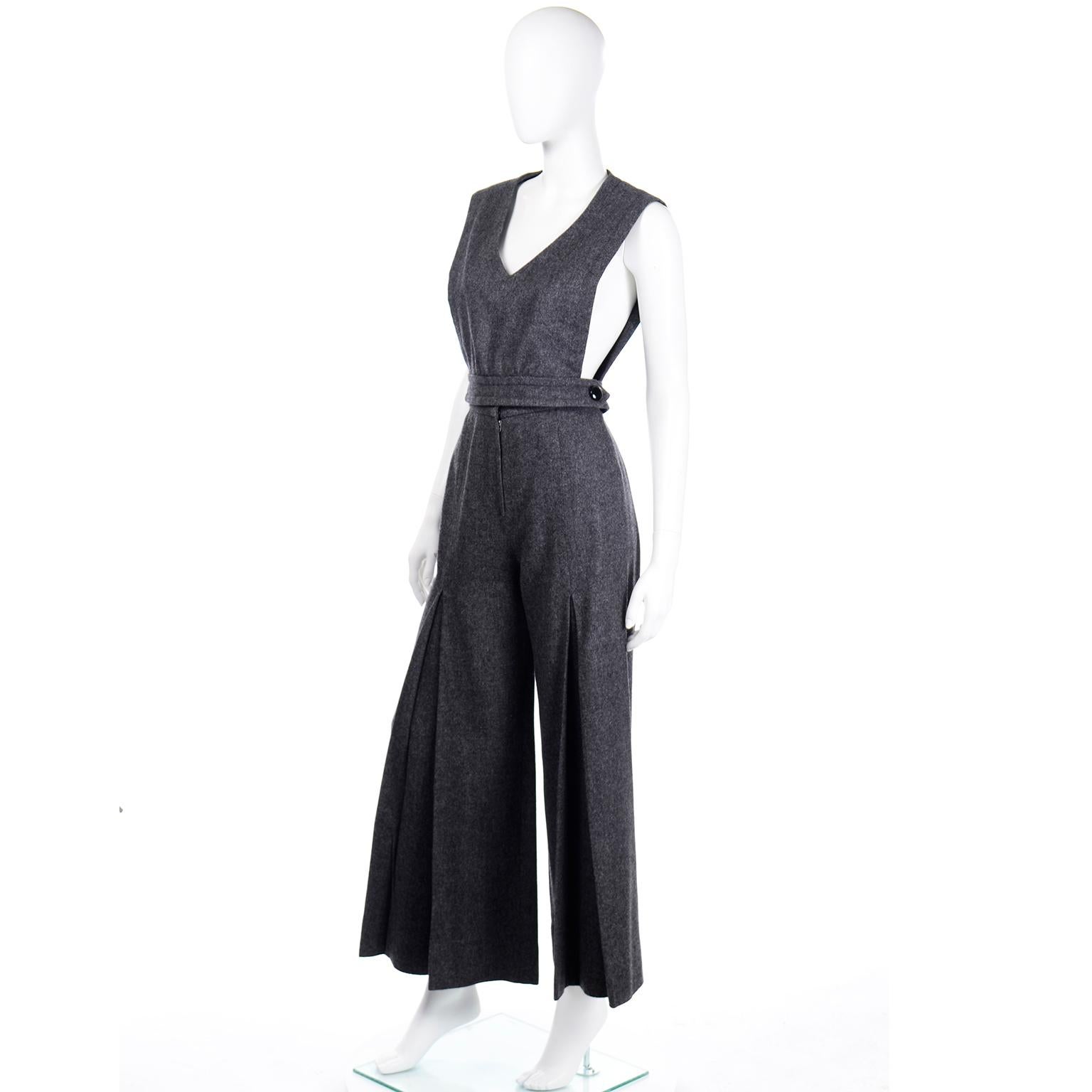 1970s Pierre Cardin Grey Wool Wide Leg Pleated Pants & Vest Style Top Outfit 2