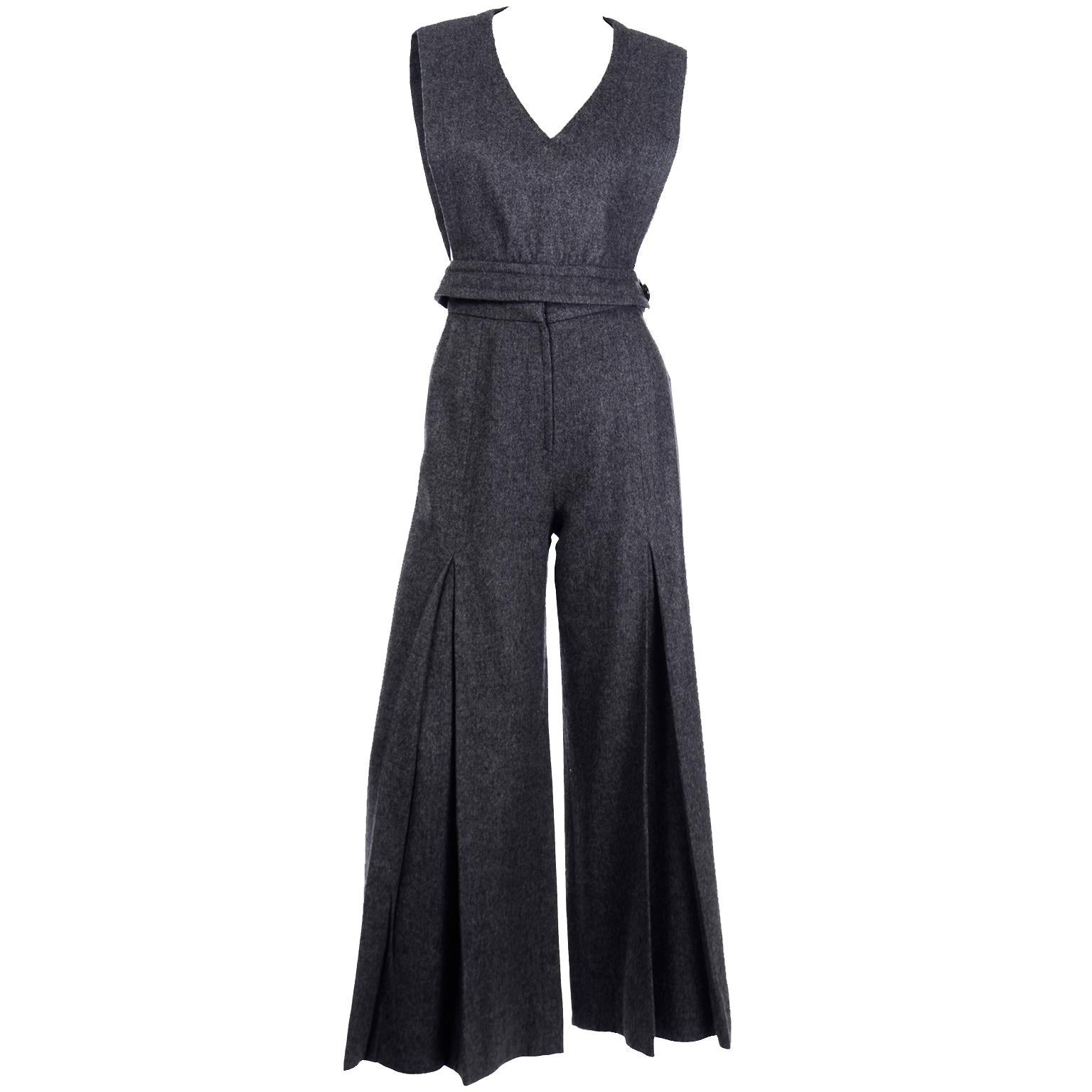1970s Pierre Cardin Grey Wool Wide Leg Pleated Pants & Vest Style Top Outfit 3