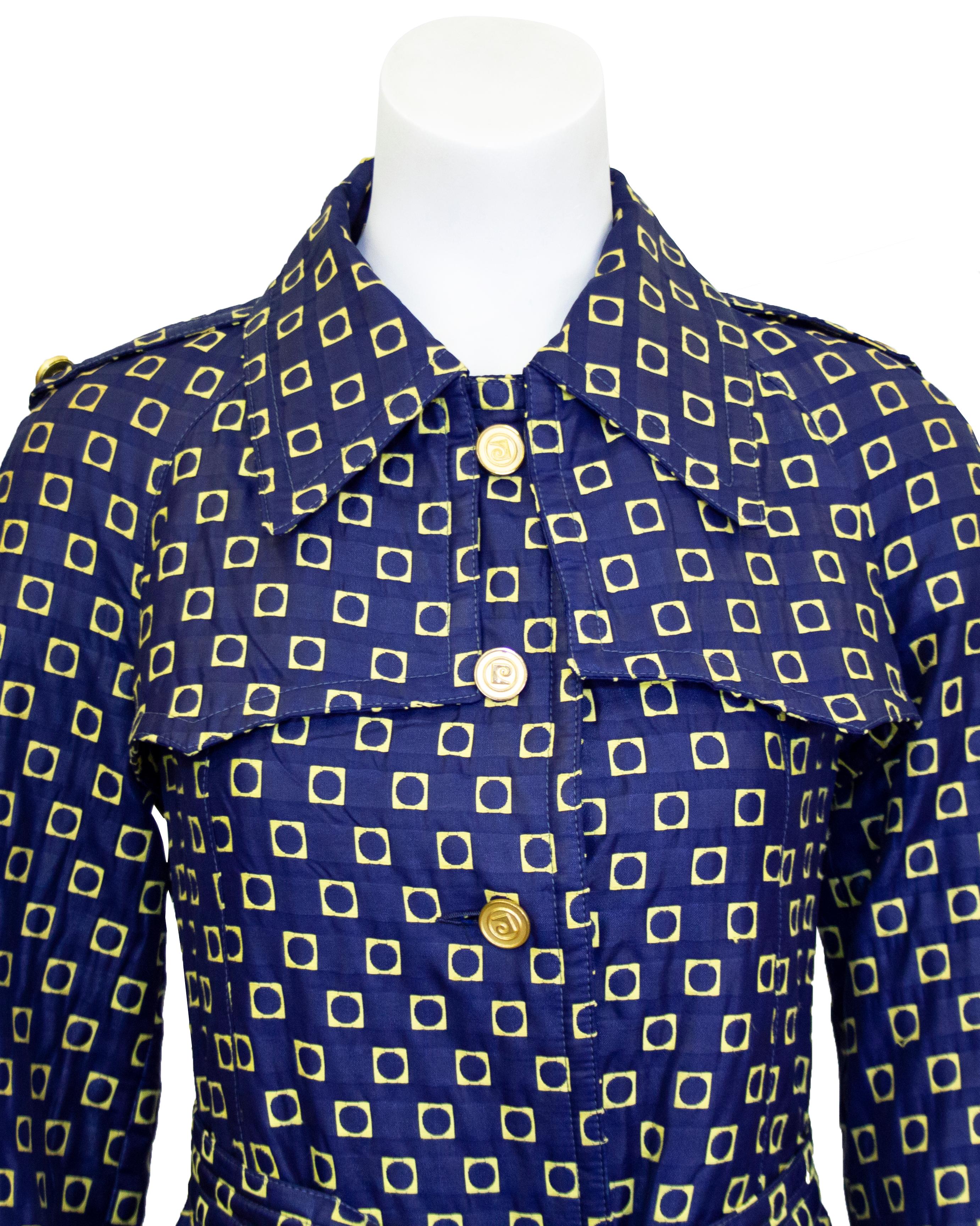 Black 1970s Pierre Cardin Mod Navy and Yellow Cotton Brocade Trench Coat 