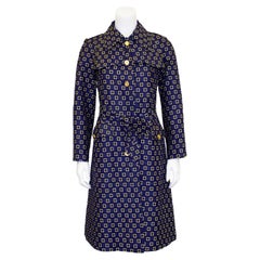1970s Pierre Cardin Mod Navy and Yellow Cotton Brocade Trench Coat 